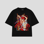 Playera streetwear premium de anime y gaming ExtraLife MX, corte boxy oversized drop shoulder heavyweight en color Deep Black y Off-White, moda urbana mexicana de culto.
