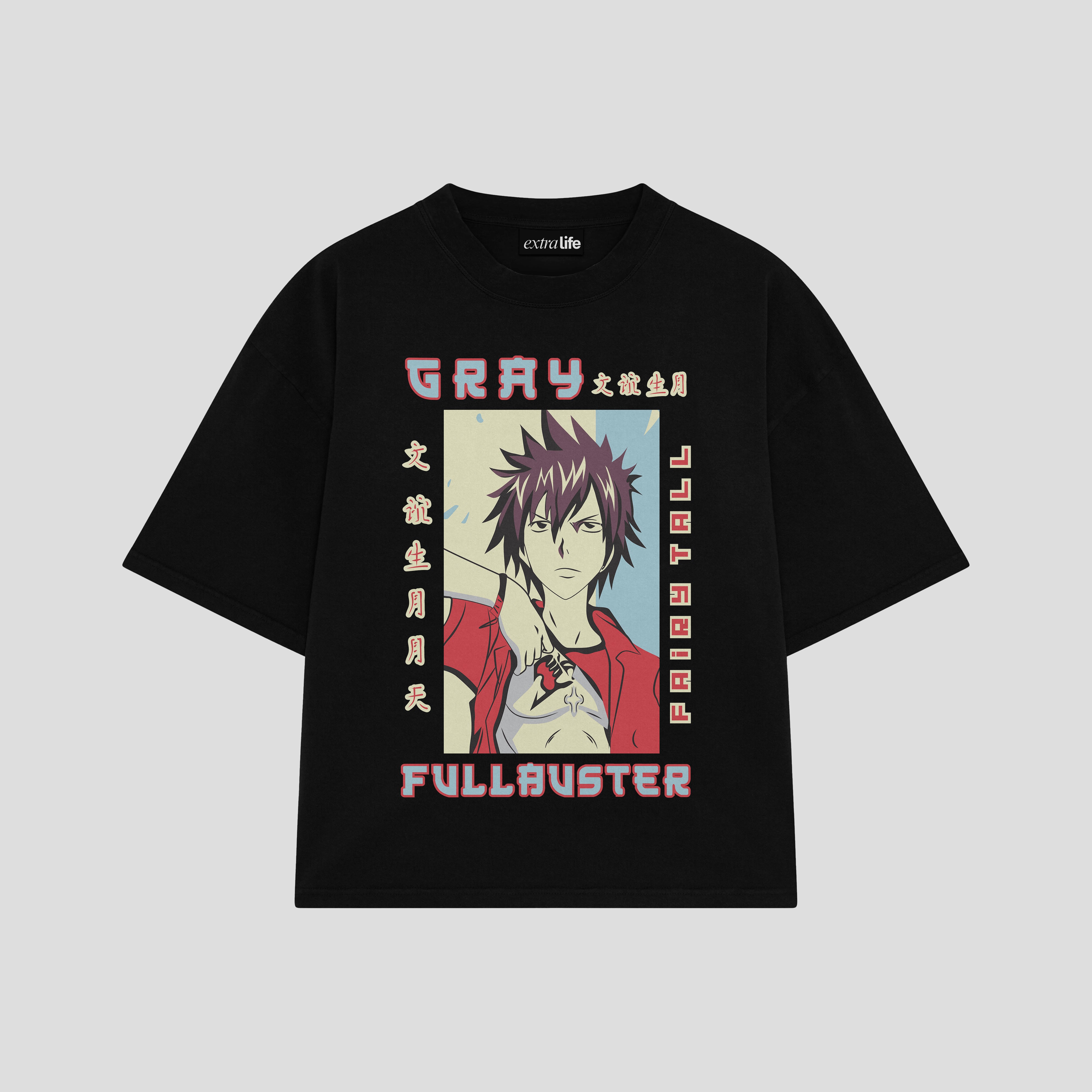 Playera streetwear premium de anime y gaming ExtraLife MX, corte boxy oversized drop shoulder heavyweight en color Deep Black y Off-White, moda urbana mexicana de culto.