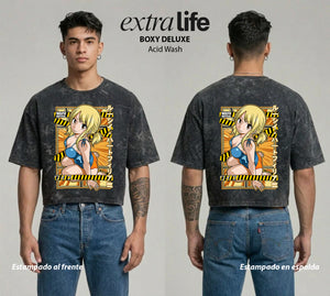 Playera streetwear premium de anime y gaming ExtraLife MX, corte boxy deluxe mineral wash heavyweight en color Acid Wash, moda urbana mexicana de culto.