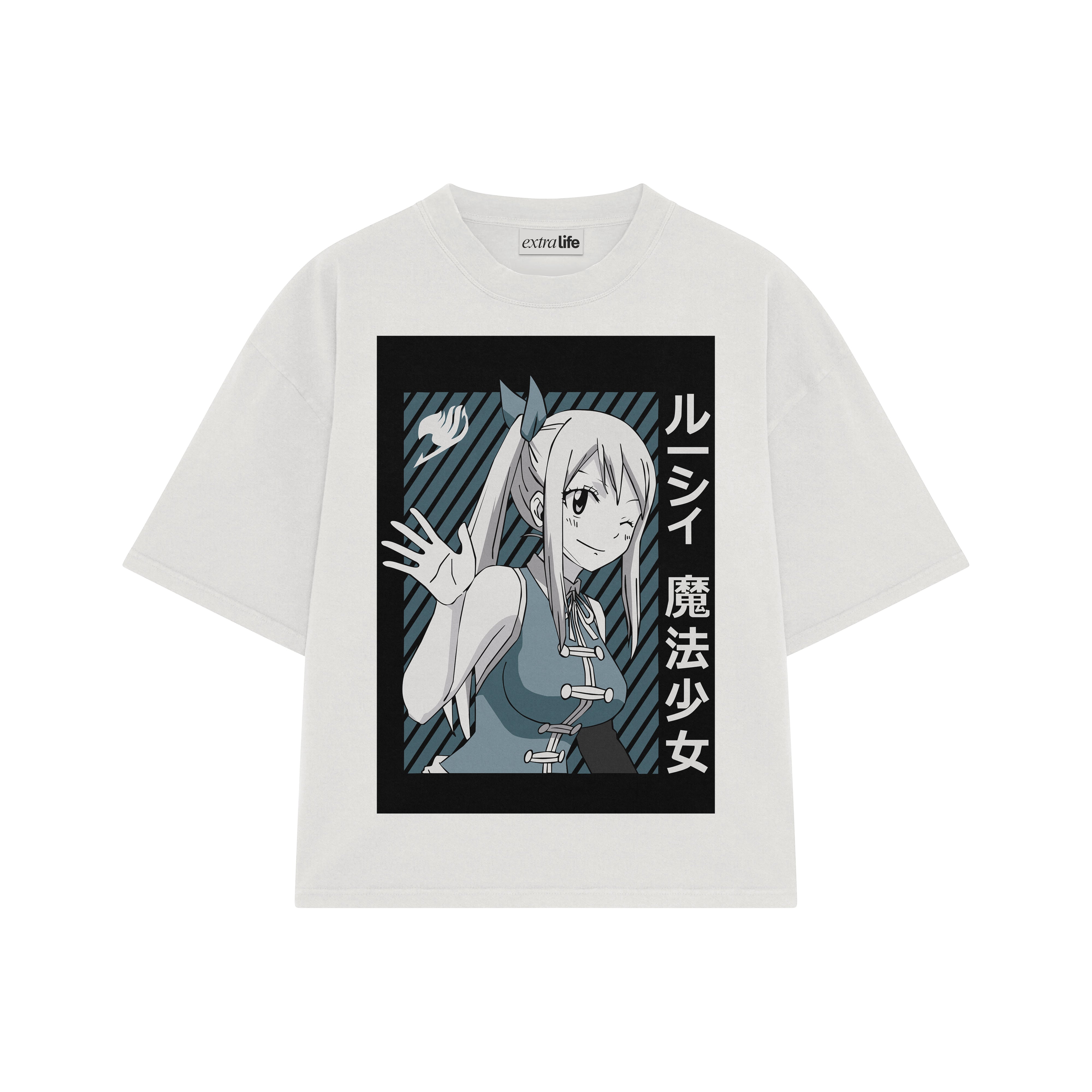 Playera streetwear premium de anime y gaming ExtraLife MX, corte boxy oversized drop shoulder heavyweight en color Deep Black y Off-White, moda urbana mexicana de culto.