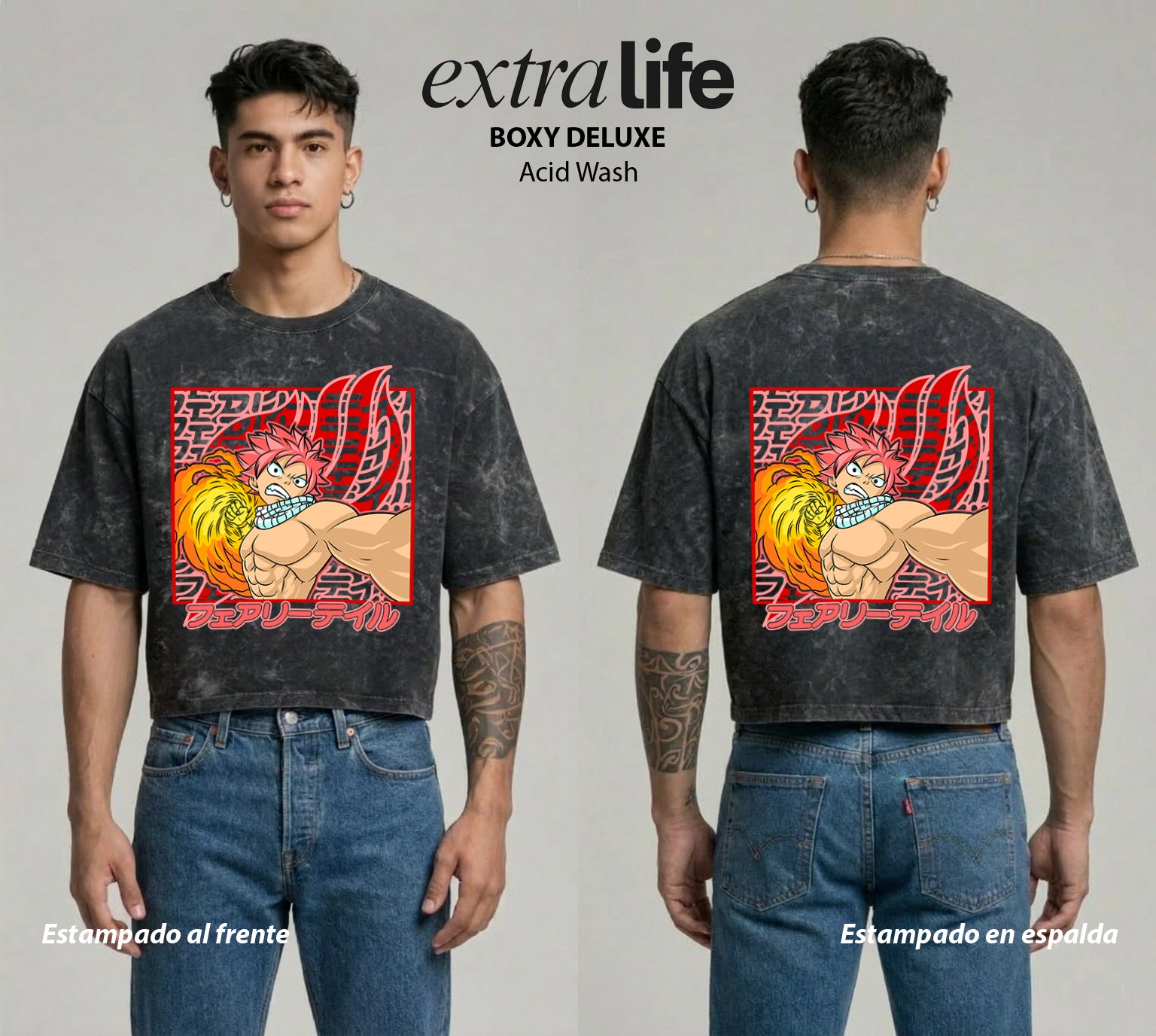 Playera streetwear premium de anime y gaming ExtraLife MX, corte boxy deluxe mineral wash heavyweight en color Acid Wash, moda urbana mexicana de culto.