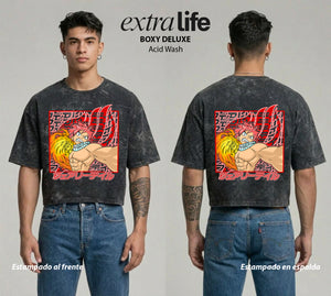 Playera streetwear premium de anime y gaming ExtraLife MX, corte boxy deluxe mineral wash heavyweight en color Acid Wash, moda urbana mexicana de culto.