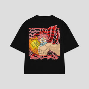 Playera streetwear premium de anime y gaming ExtraLife MX, corte boxy oversized drop shoulder heavyweight en color Deep Black y Off-White, moda urbana mexicana de culto.