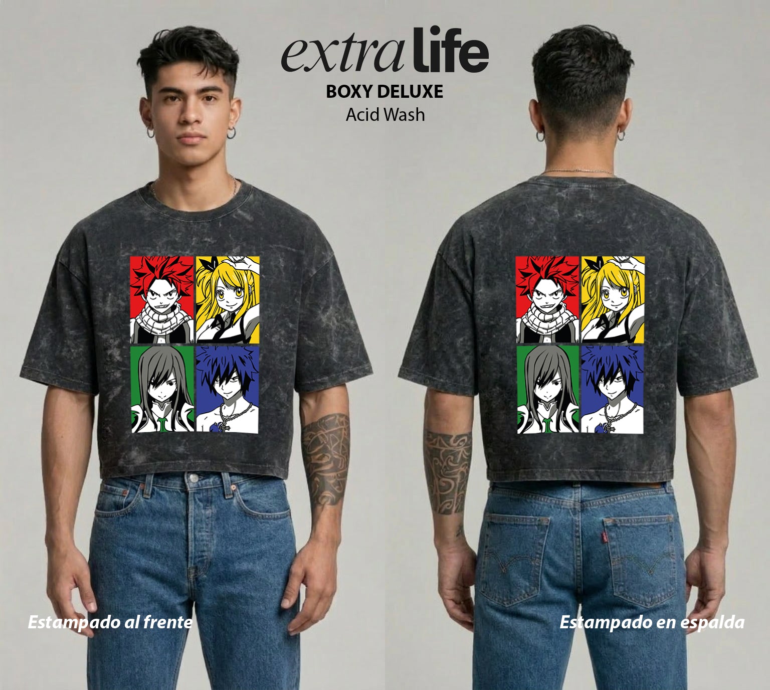Playera streetwear premium de anime y gaming ExtraLife MX, corte boxy deluxe mineral wash heavyweight en color Acid Wash, moda urbana mexicana de culto.