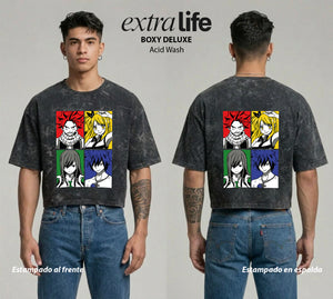 Playera streetwear premium de anime y gaming ExtraLife MX, corte boxy deluxe mineral wash heavyweight en color Acid Wash, moda urbana mexicana de culto.