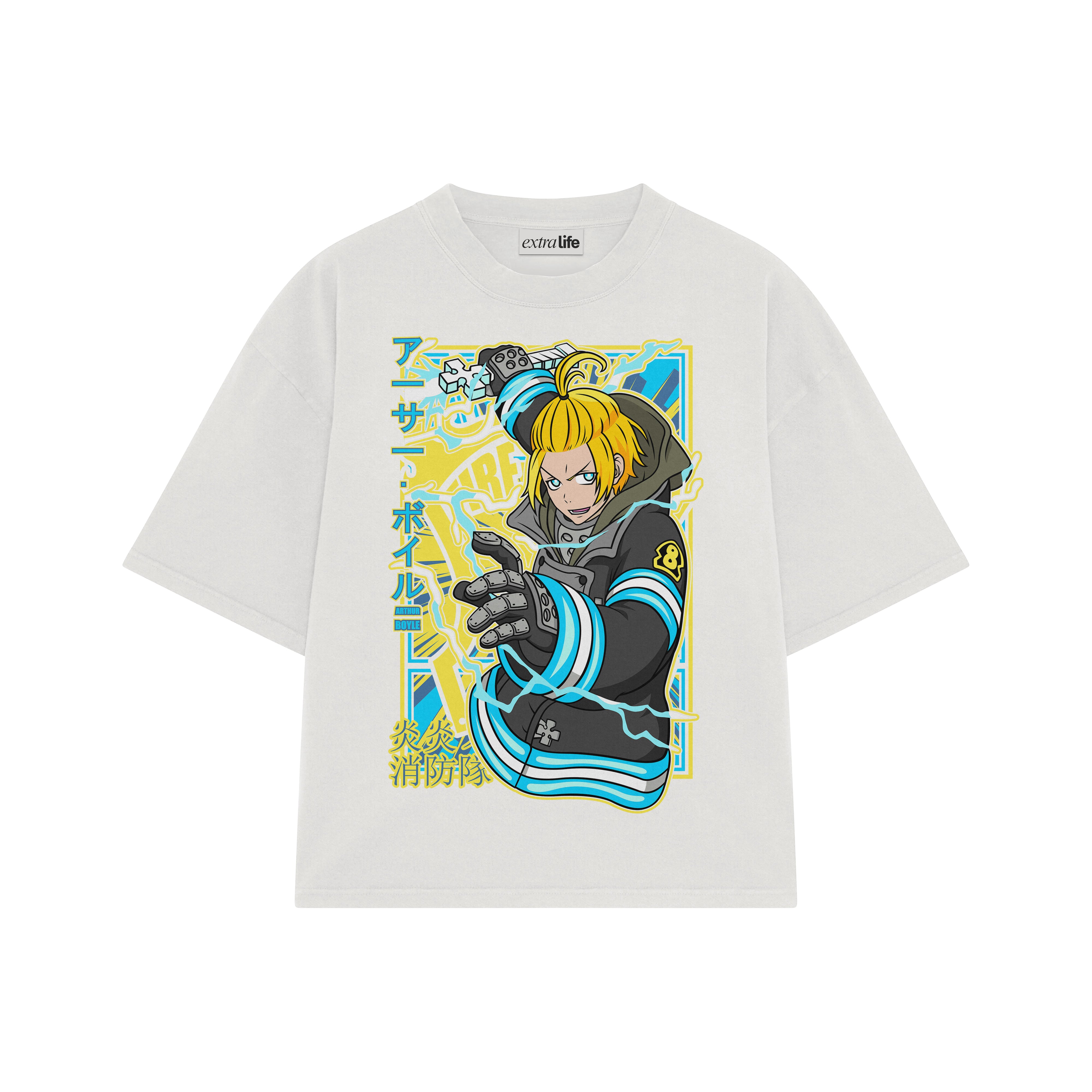 Playera streetwear premium de anime y gaming ExtraLife MX, corte boxy oversized drop shoulder heavyweight en color Deep Black y Off-White, moda urbana mexicana de culto.