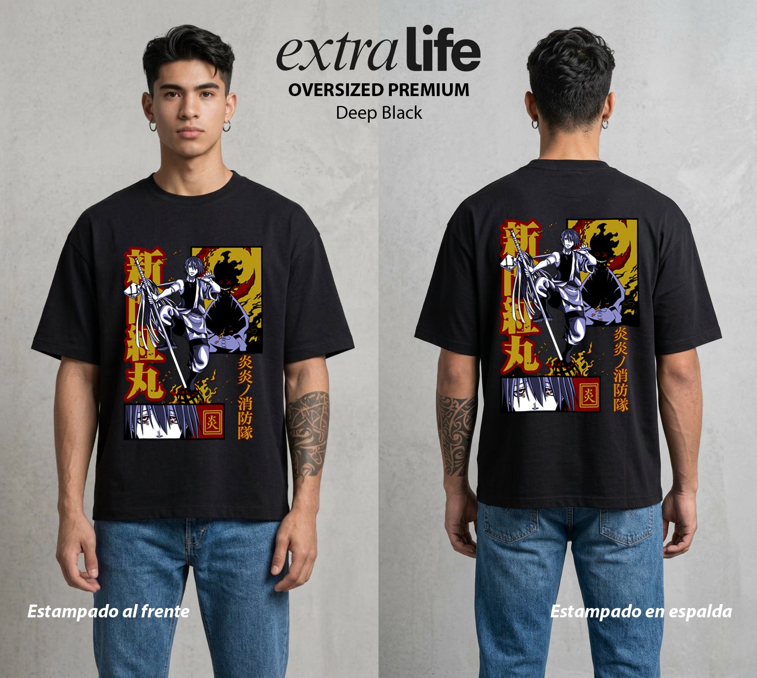 Los Bomberos del Infierno | Los Gemelos del Fuego #01451 - Playera Oversized Premium | Deep Black - Foto en modelo