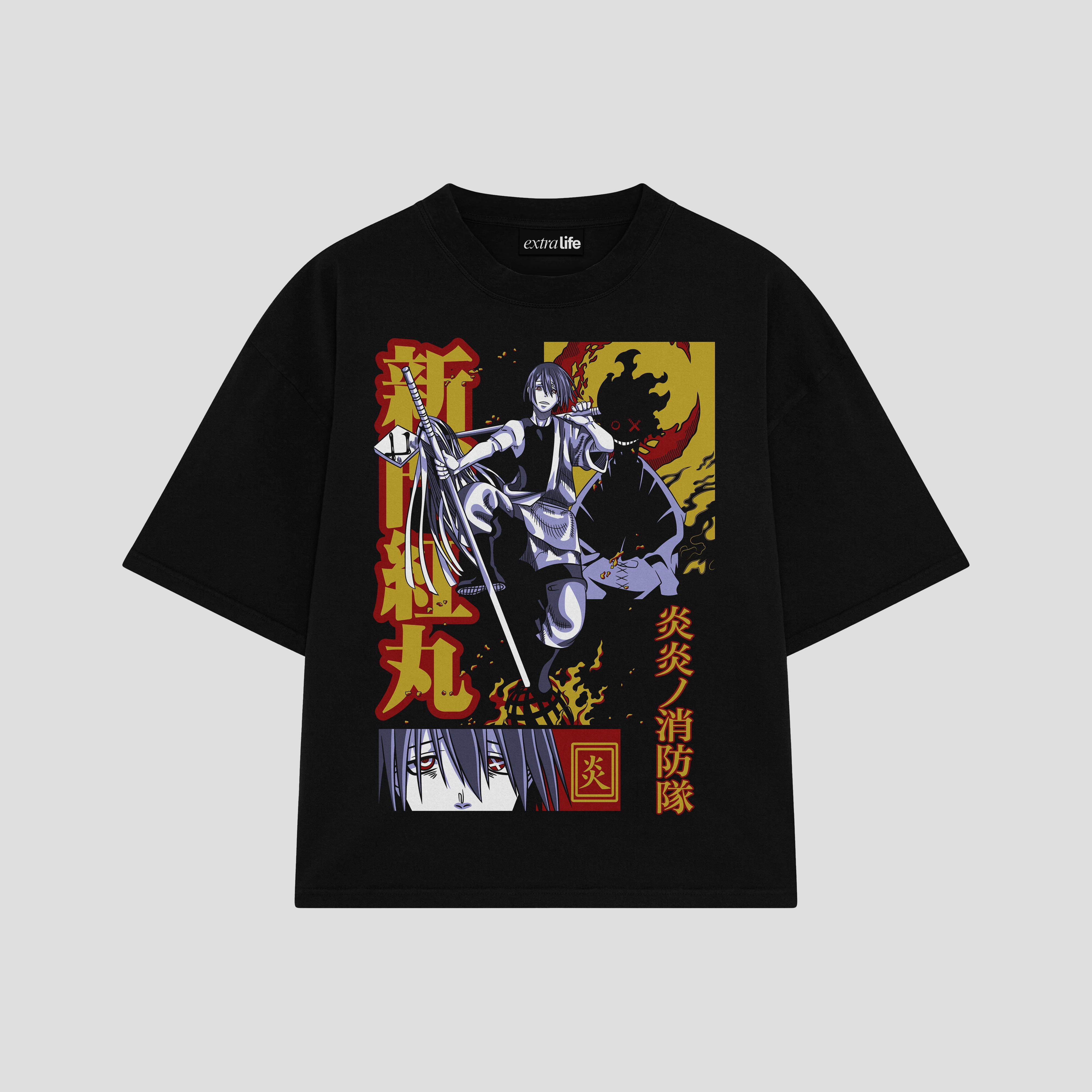 Playera streetwear premium de anime y gaming ExtraLife MX, corte boxy oversized drop shoulder heavyweight en color Deep Black y Off-White, moda urbana mexicana de culto.