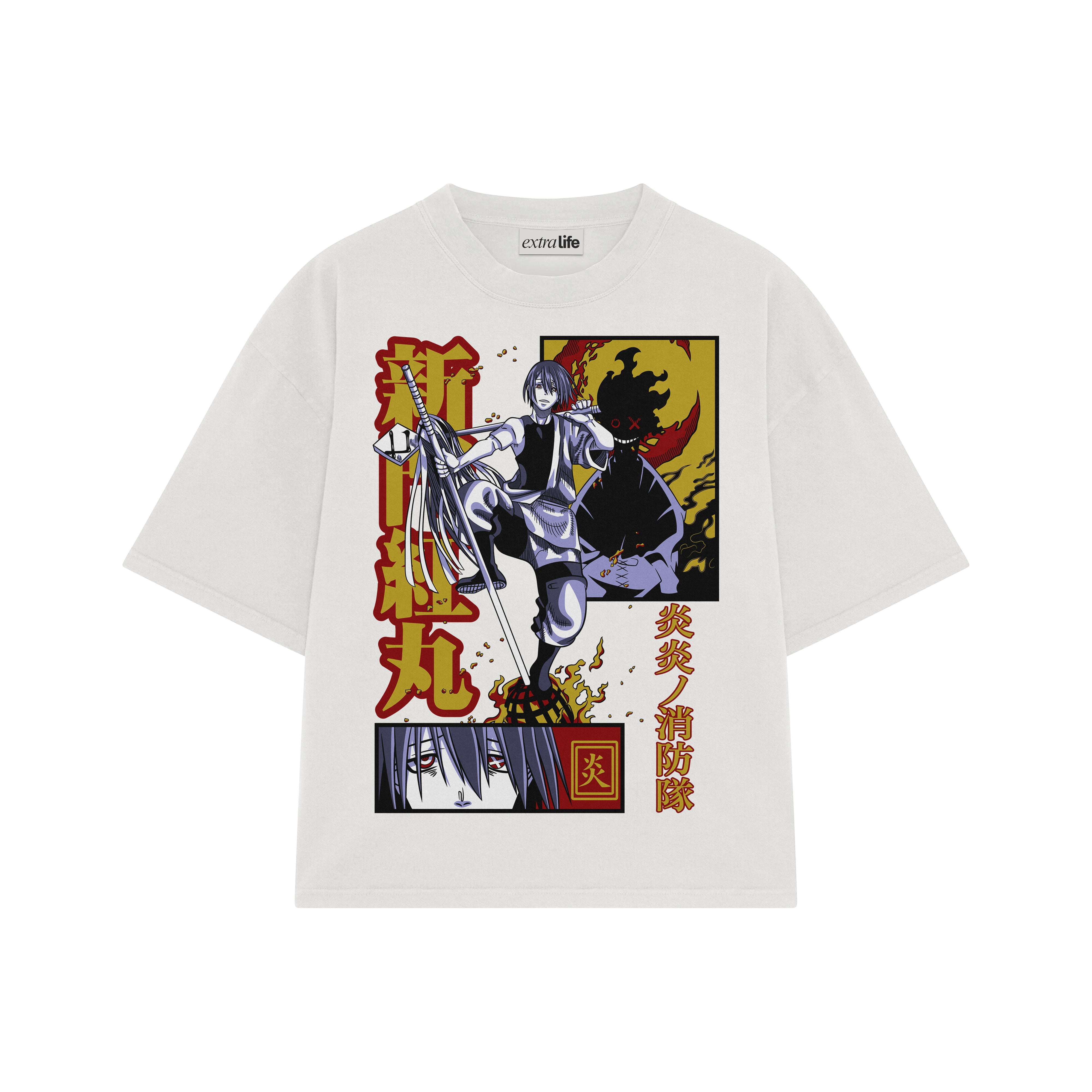 Playera streetwear premium de anime y gaming ExtraLife MX, corte boxy oversized drop shoulder heavyweight en color Deep Black y Off-White, moda urbana mexicana de culto.