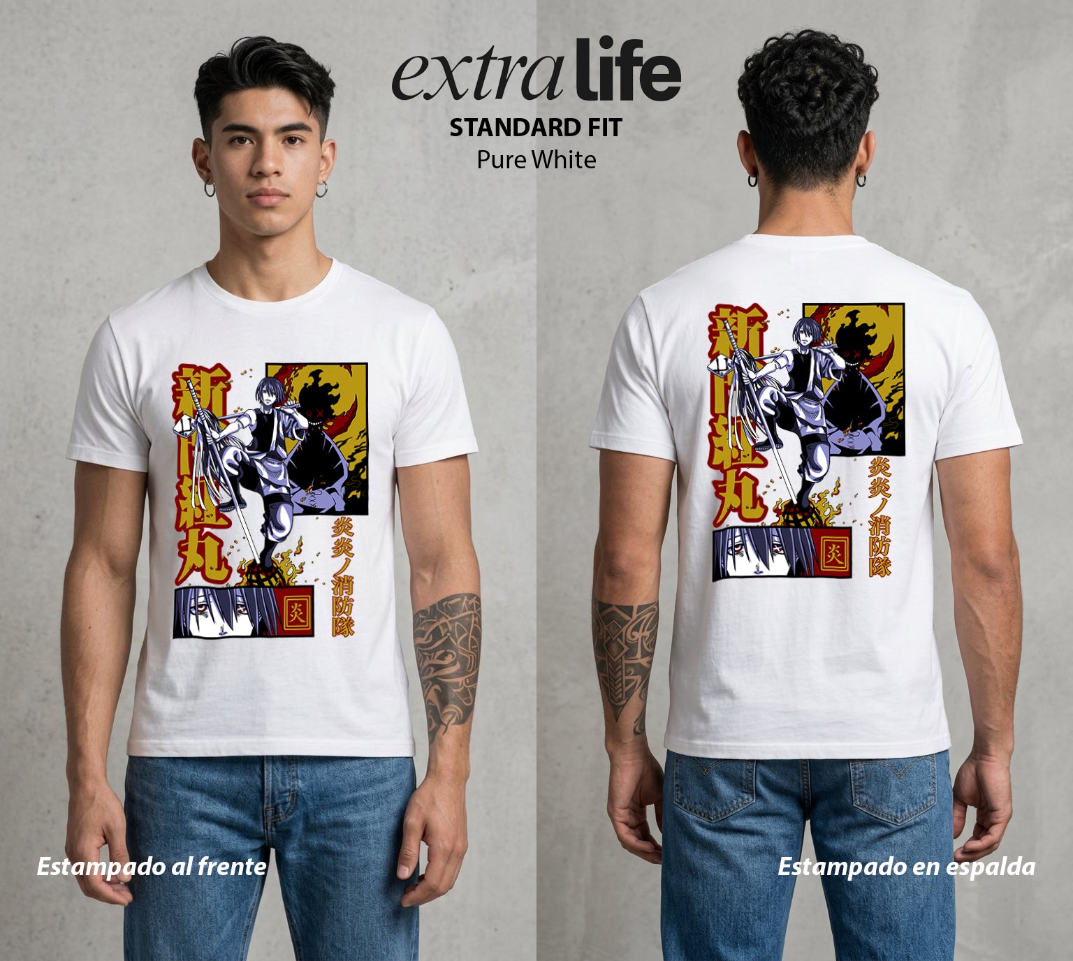 Los Bomberos del Infierno | Los Gemelos del Fuego #01451 - Playera Standard Fit | Pure White - Foto en modelo