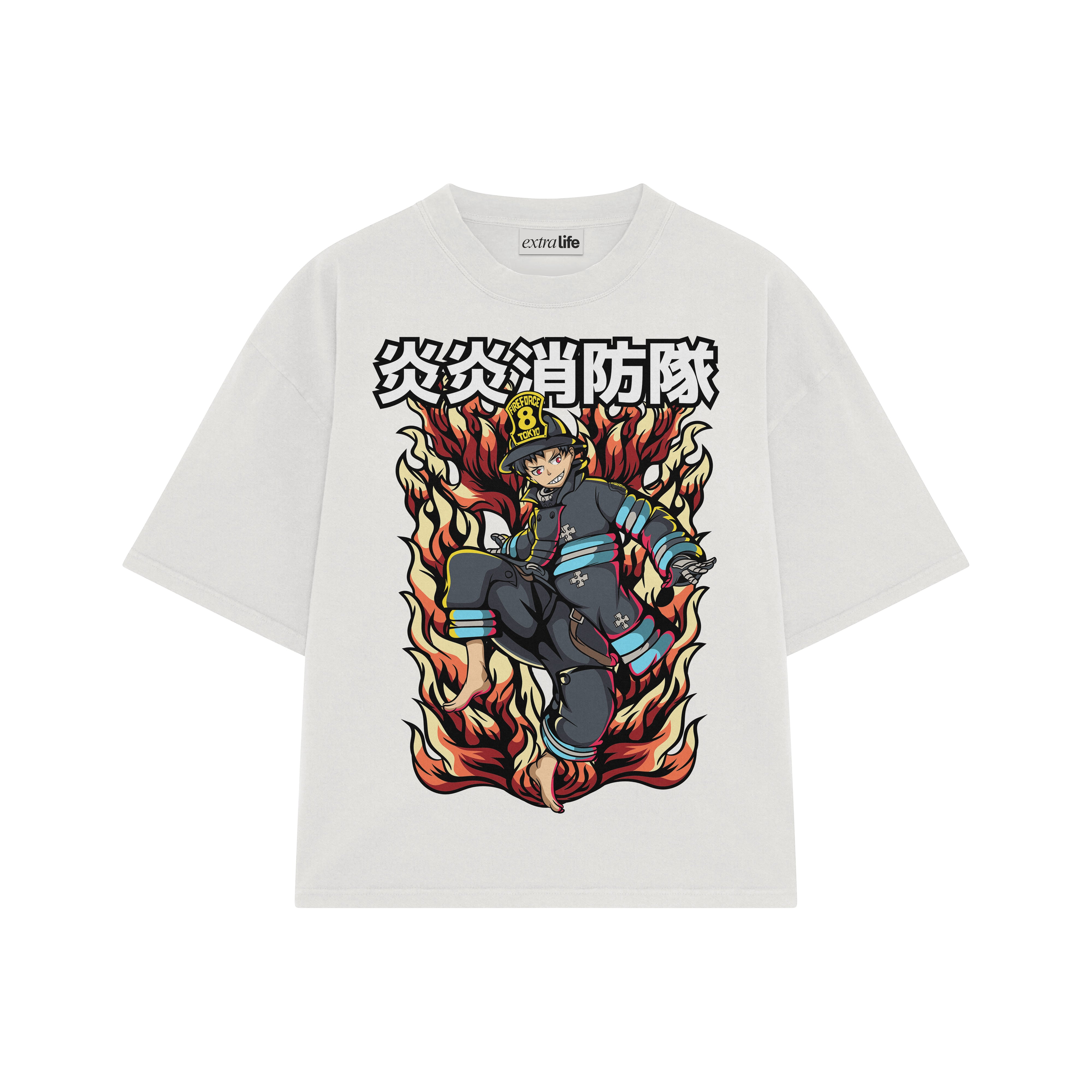Playera streetwear premium de anime y gaming ExtraLife MX, corte boxy oversized drop shoulder heavyweight en color Deep Black y Off-White, moda urbana mexicana de culto.