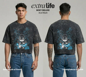 Playera streetwear premium de anime y gaming ExtraLife MX, corte boxy deluxe mineral wash heavyweight en color Acid Wash, moda urbana mexicana de culto.