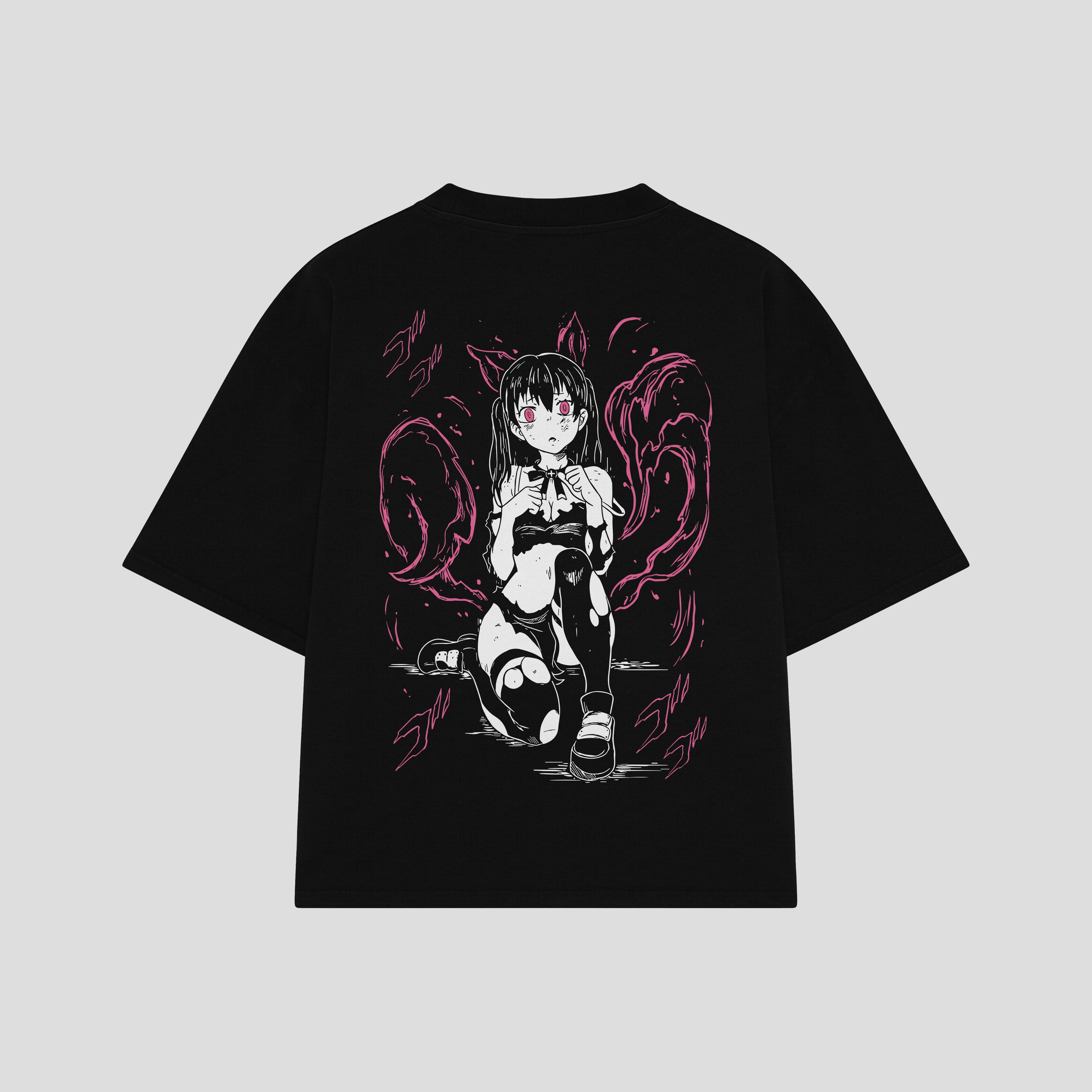 Playera streetwear premium de anime y gaming ExtraLife MX, corte boxy oversized drop shoulder heavyweight en color Deep Black y Off-White, moda urbana mexicana de culto.