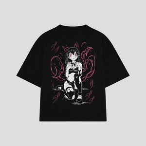 Playera streetwear premium de anime y gaming ExtraLife MX, corte boxy oversized drop shoulder heavyweight en color Deep Black y Off-White, moda urbana mexicana de culto.