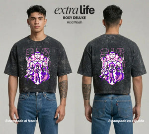Playera streetwear premium de anime y gaming ExtraLife MX, corte boxy deluxe mineral wash heavyweight en color Acid Wash, moda urbana mexicana de culto.
