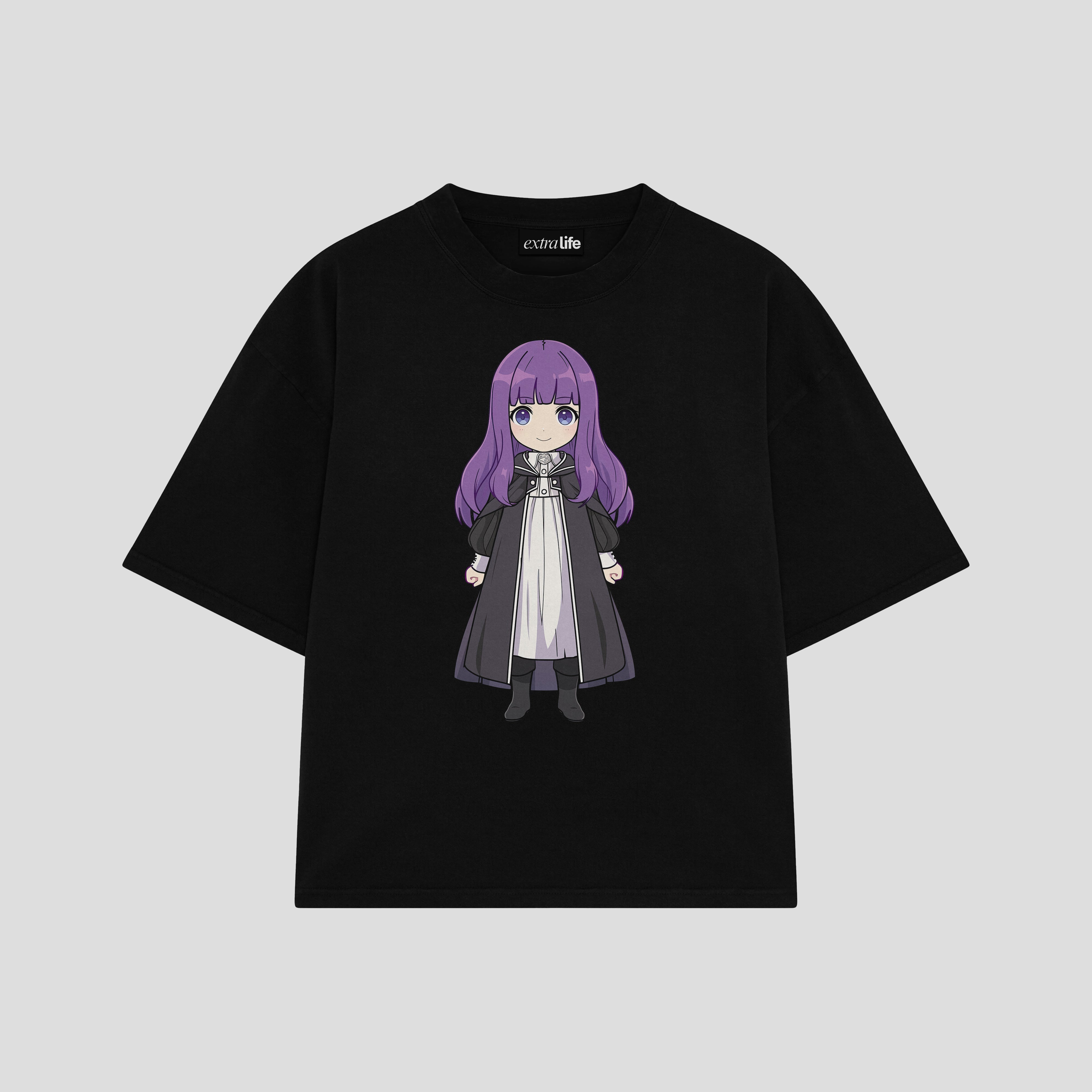 Playera streetwear premium de anime y gaming ExtraLife MX, corte boxy oversized drop shoulder heavyweight en color Deep Black y Off-White, moda urbana mexicana de culto.