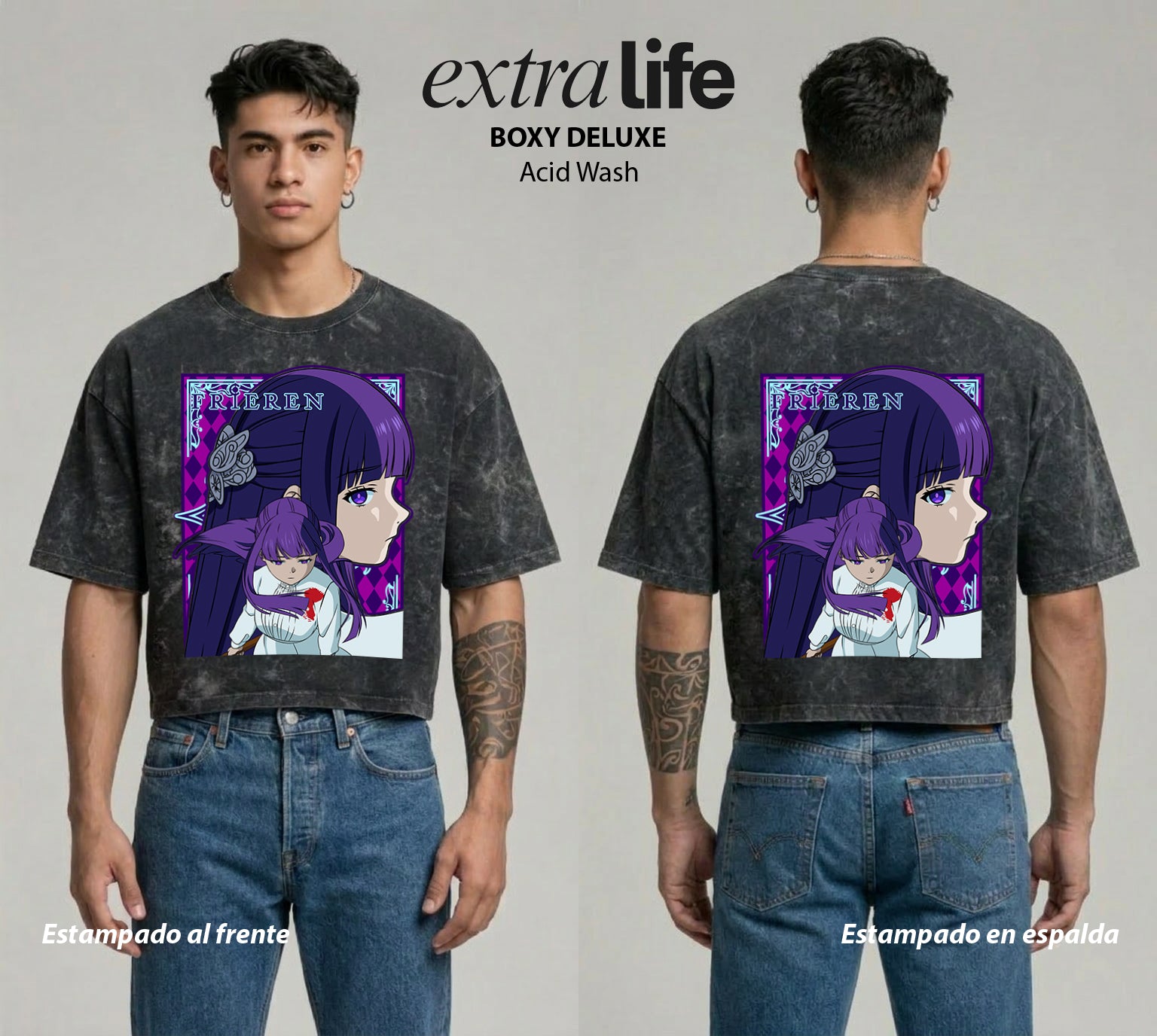 Playera streetwear premium de anime y gaming ExtraLife MX, corte boxy deluxe mineral wash heavyweight en color Acid Wash, moda urbana mexicana de culto.