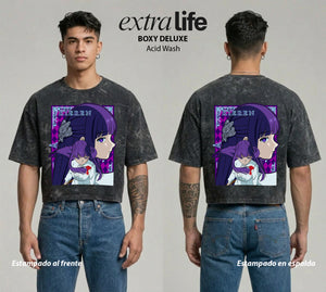 Playera streetwear premium de anime y gaming ExtraLife MX, corte boxy deluxe mineral wash heavyweight en color Acid Wash, moda urbana mexicana de culto.
