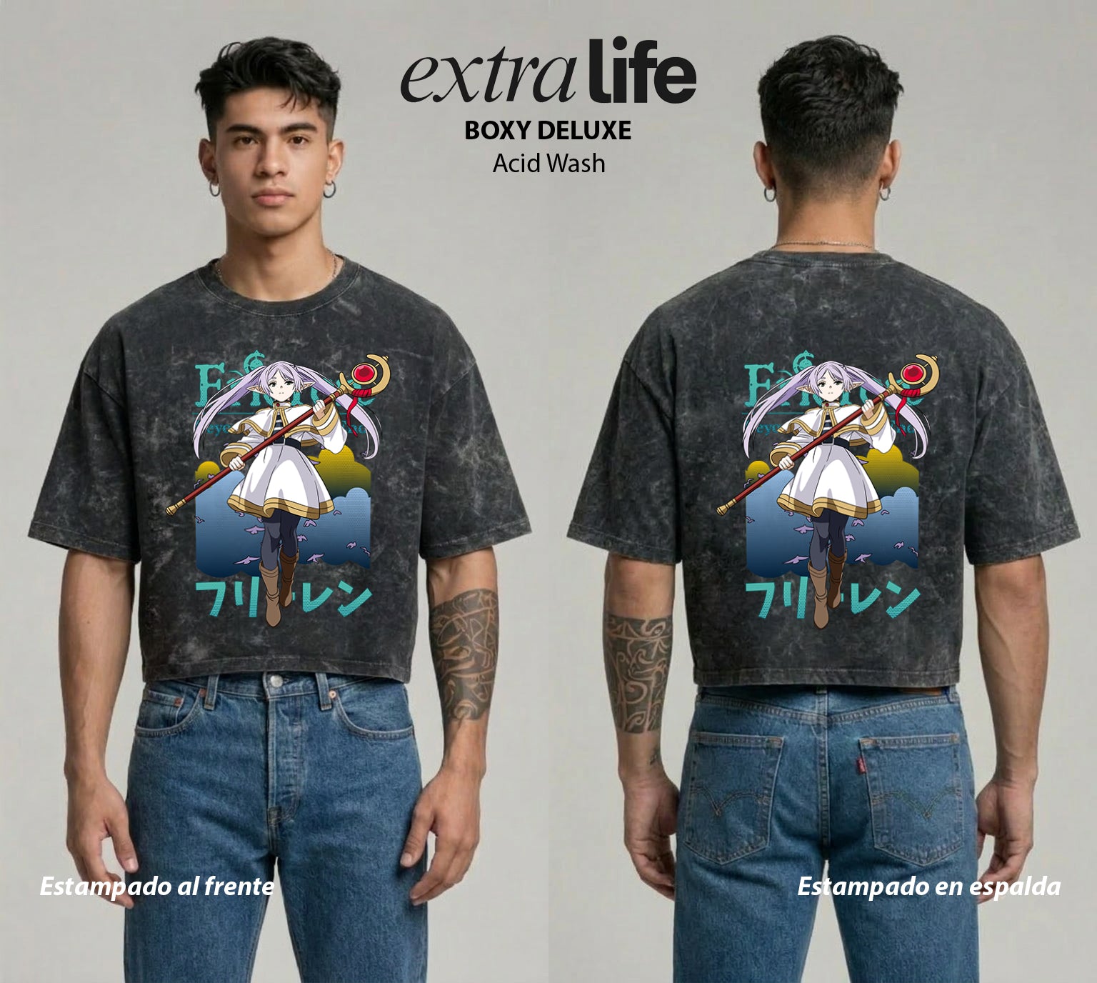 Playera streetwear premium de anime y gaming ExtraLife MX, corte boxy deluxe mineral wash heavyweight en color Acid Wash, moda urbana mexicana de culto.