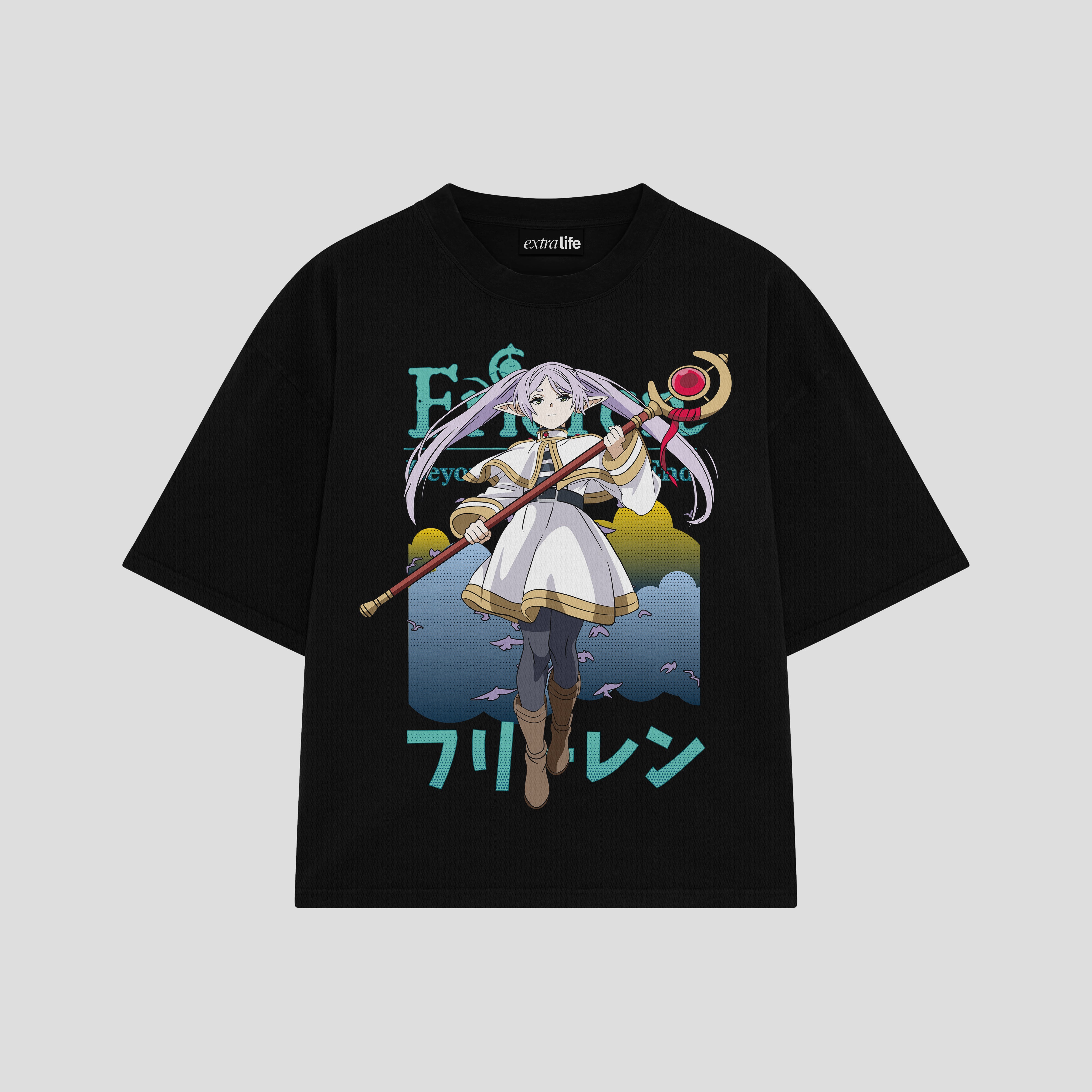 Playera streetwear premium de anime y gaming ExtraLife MX, corte boxy oversized drop shoulder heavyweight en color Deep Black y Off-White, moda urbana mexicana de culto.