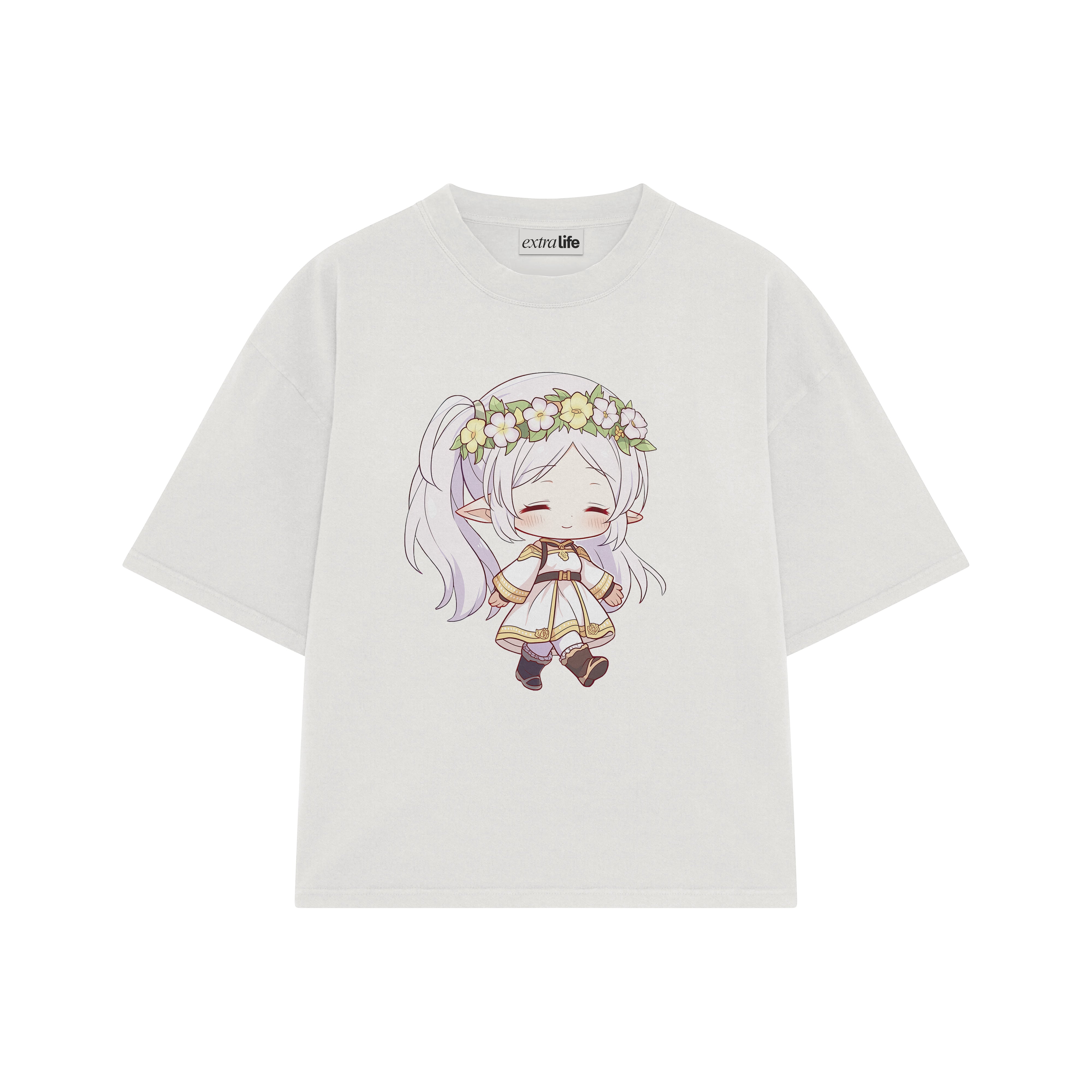 Playera streetwear premium de anime y gaming ExtraLife MX, corte boxy oversized drop shoulder heavyweight en color Deep Black y Off-White, moda urbana mexicana de culto.