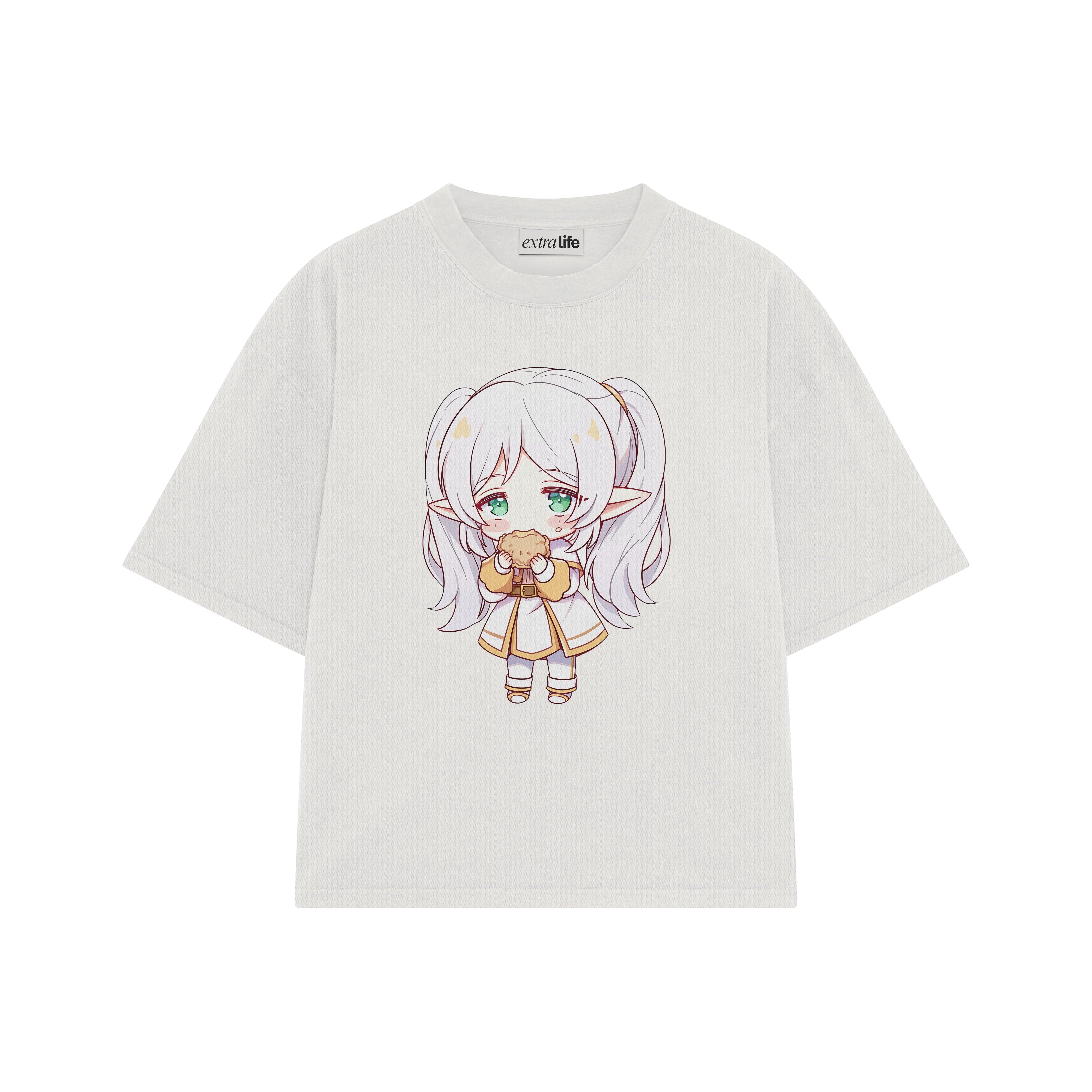 Playera streetwear premium de anime y gaming ExtraLife MX, corte boxy oversized drop shoulder heavyweight en color Deep Black y Off-White, moda urbana mexicana de culto.