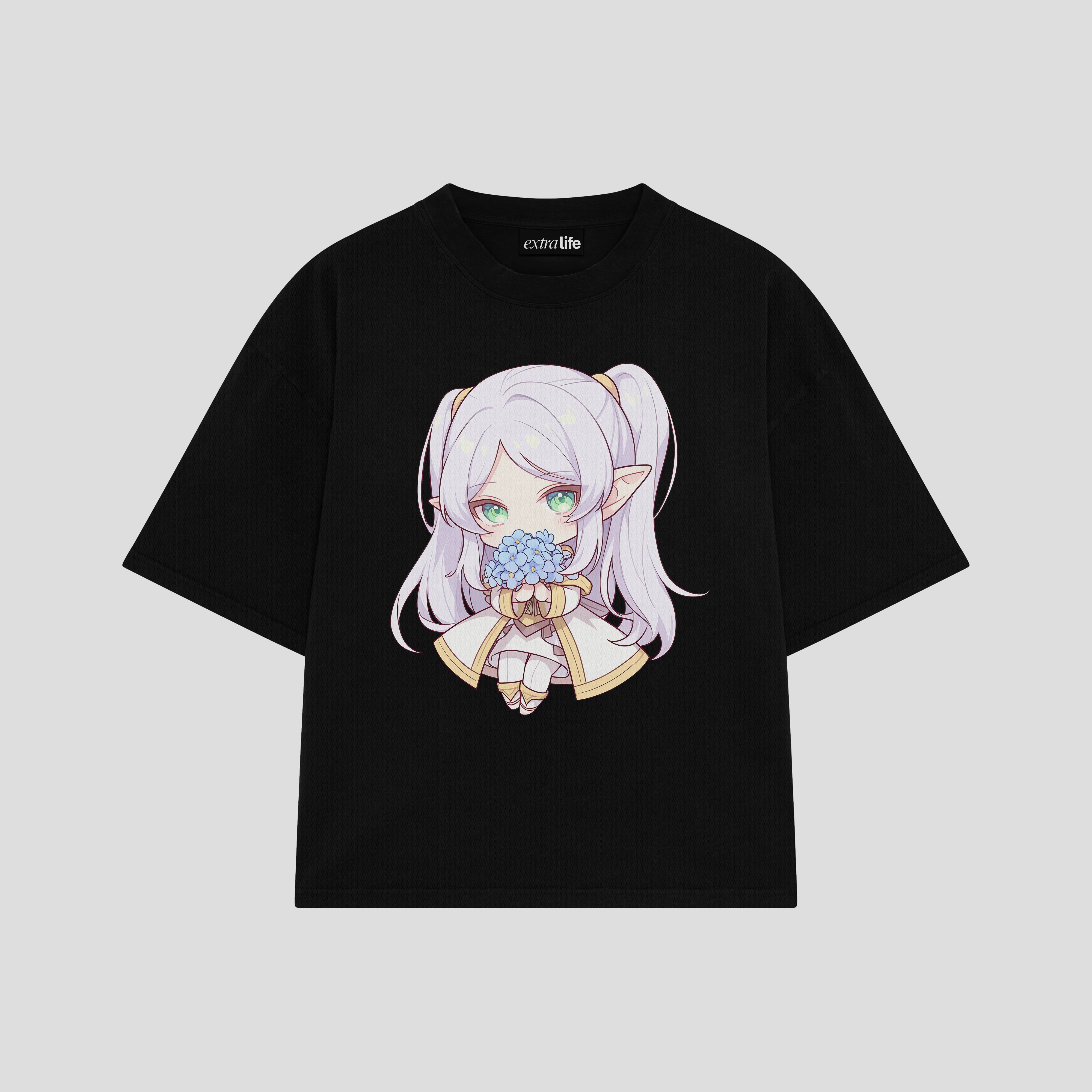 Playera streetwear premium de anime y gaming ExtraLife MX, corte boxy oversized drop shoulder heavyweight en color Deep Black y Off-White, moda urbana mexicana de culto.