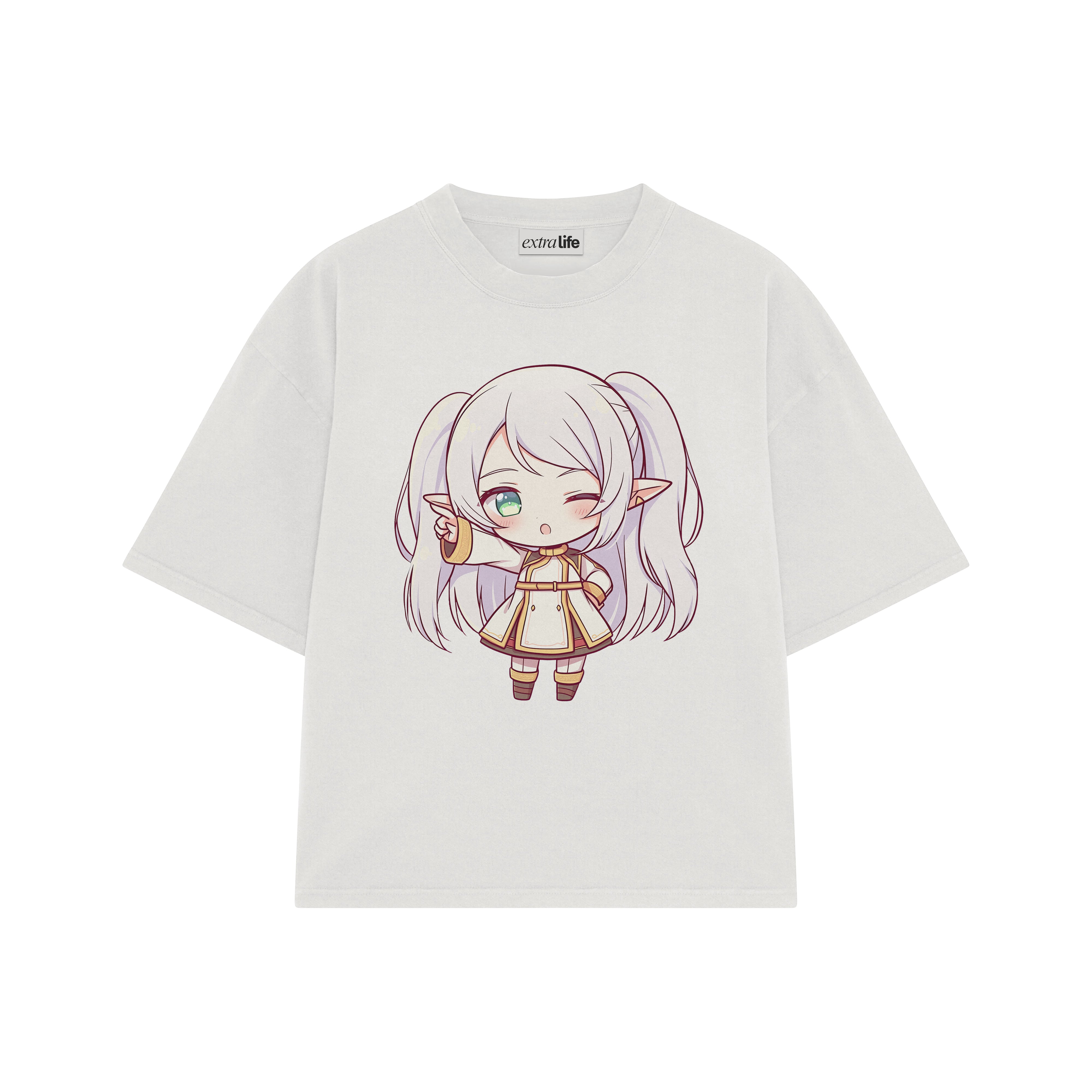 Playera streetwear premium de anime y gaming ExtraLife MX, corte boxy oversized drop shoulder heavyweight en color Deep Black y Off-White, moda urbana mexicana de culto.
