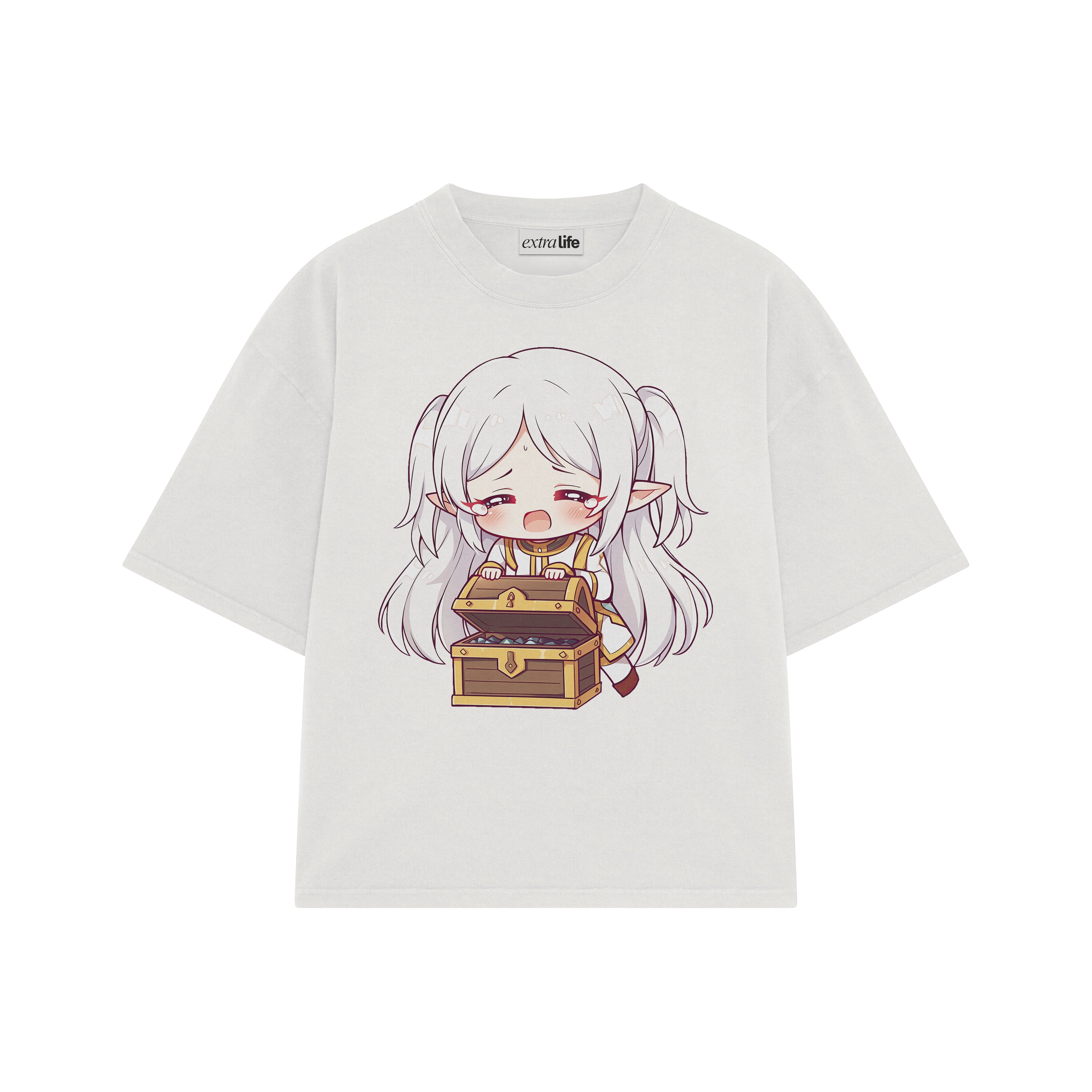 Playera streetwear premium de anime y gaming ExtraLife MX, corte boxy oversized drop shoulder heavyweight en color Deep Black y Off-White, moda urbana mexicana de culto.
