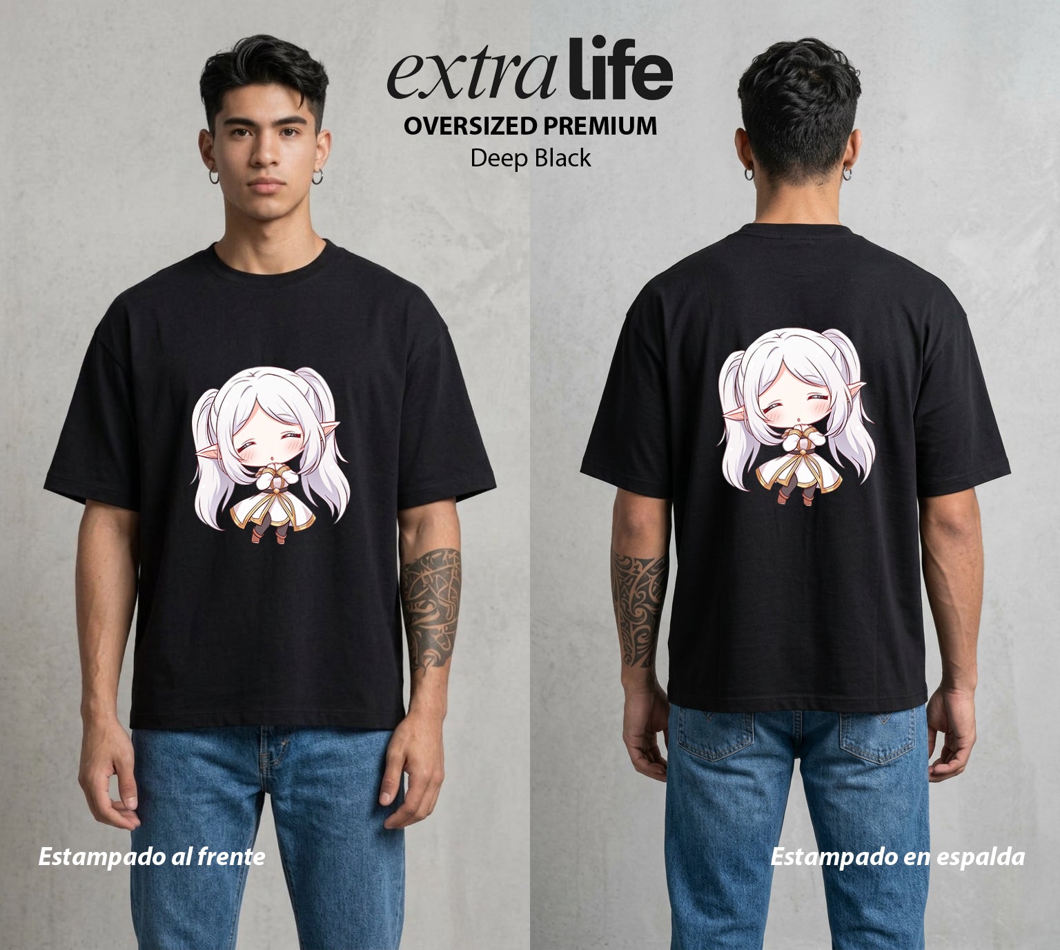 El Viaje sin Fin | La Elfa del Largo Viaje Chibi #01470 - Playera Oversized Premium | Deep Black - Foto en modelo