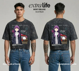 Playera streetwear premium de anime y gaming ExtraLife MX, corte boxy deluxe mineral wash heavyweight en color Acid Wash, moda urbana mexicana de culto.