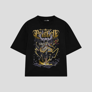 Playera streetwear premium de anime y gaming ExtraLife MX, corte boxy oversized drop shoulder heavyweight en color Deep Black y Off-White, moda urbana mexicana de culto.