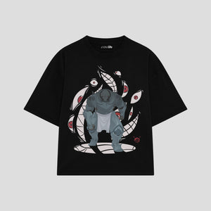 Playera streetwear premium de anime y gaming ExtraLife MX, corte boxy oversized drop shoulder heavyweight en color Deep Black y Off-White, moda urbana mexicana de culto.