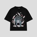 Playera streetwear premium de anime y gaming ExtraLife MX, corte boxy oversized drop shoulder heavyweight en color Deep Black y Off-White, moda urbana mexicana de culto.