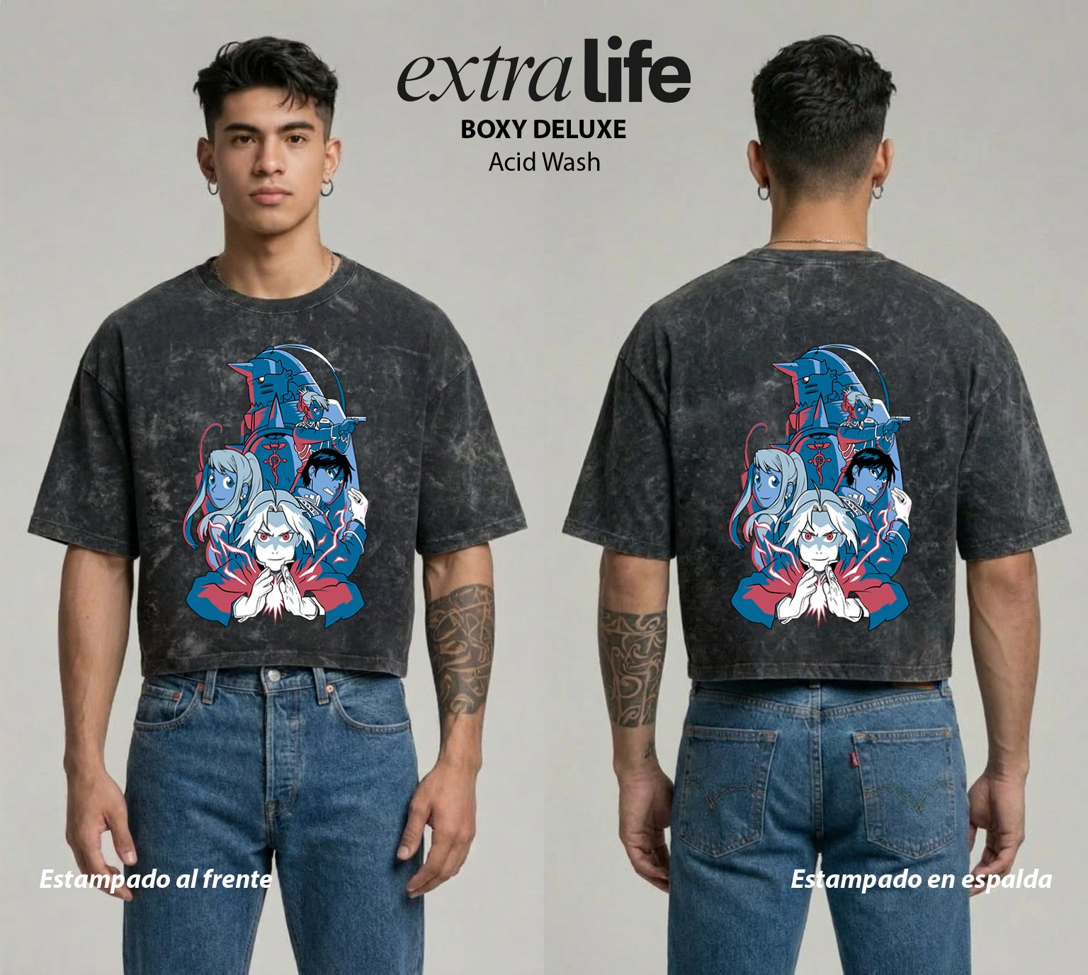 Playera streetwear premium de anime y gaming ExtraLife MX, corte boxy deluxe mineral wash heavyweight en color Acid Wash, moda urbana mexicana de culto.