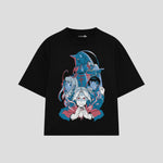 Playera streetwear premium de anime y gaming ExtraLife MX, corte boxy oversized drop shoulder heavyweight en color Deep Black y Off-White, moda urbana mexicana de culto.