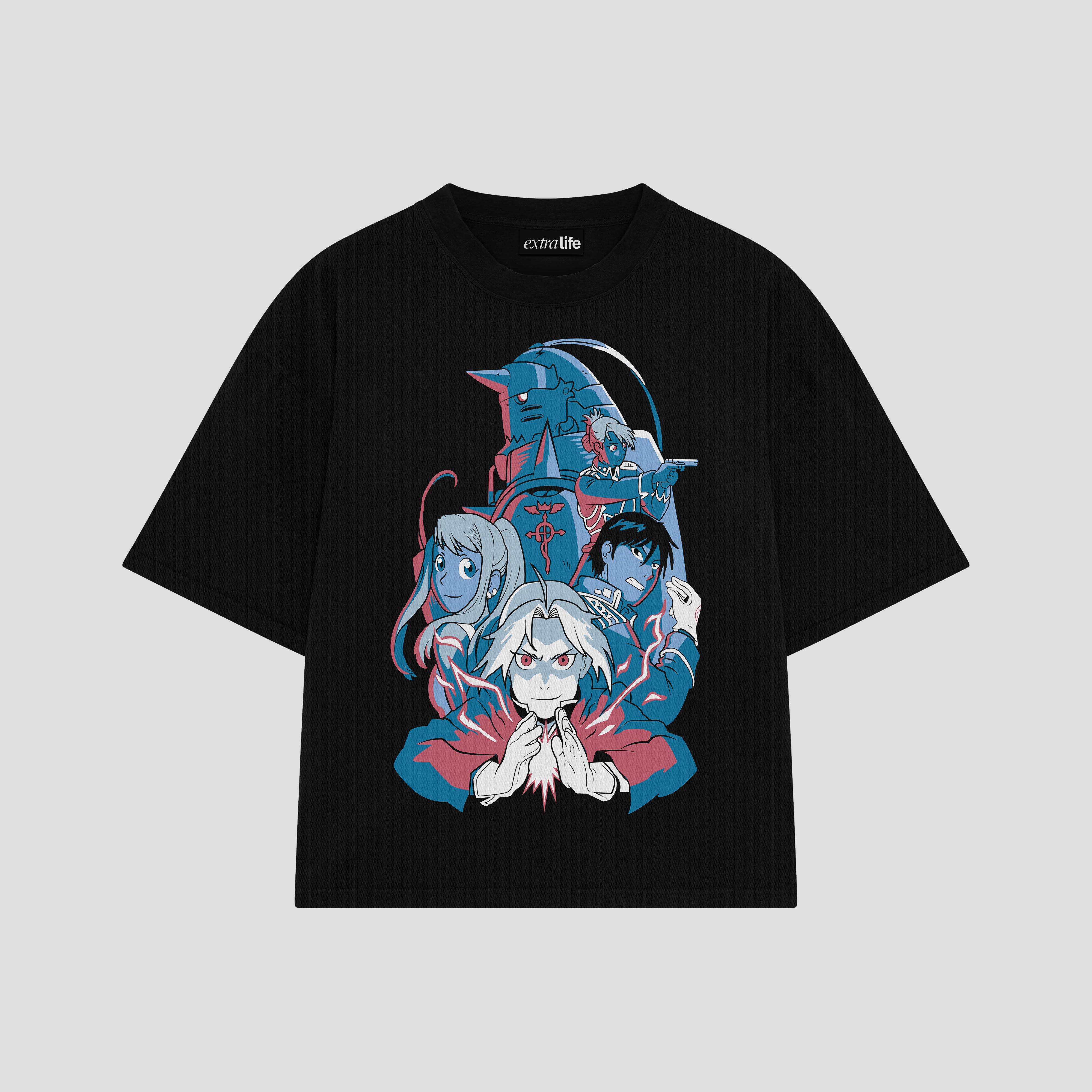 Playera streetwear premium de anime y gaming ExtraLife MX, corte boxy oversized drop shoulder heavyweight en color Deep Black y Off-White, moda urbana mexicana de culto.