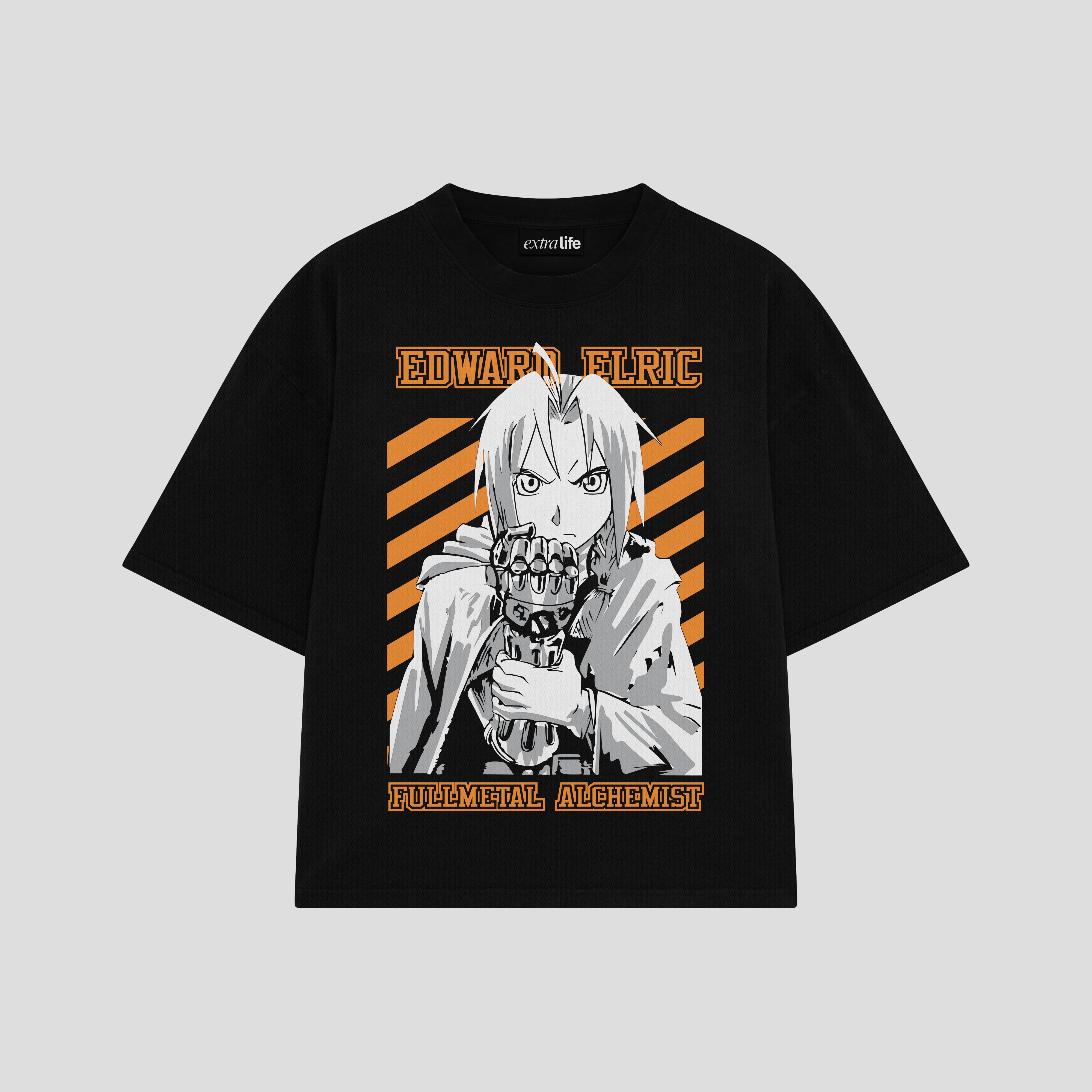 Playera streetwear premium de anime y gaming ExtraLife MX, corte boxy oversized drop shoulder heavyweight en color Deep Black y Off-White, moda urbana mexicana de culto.