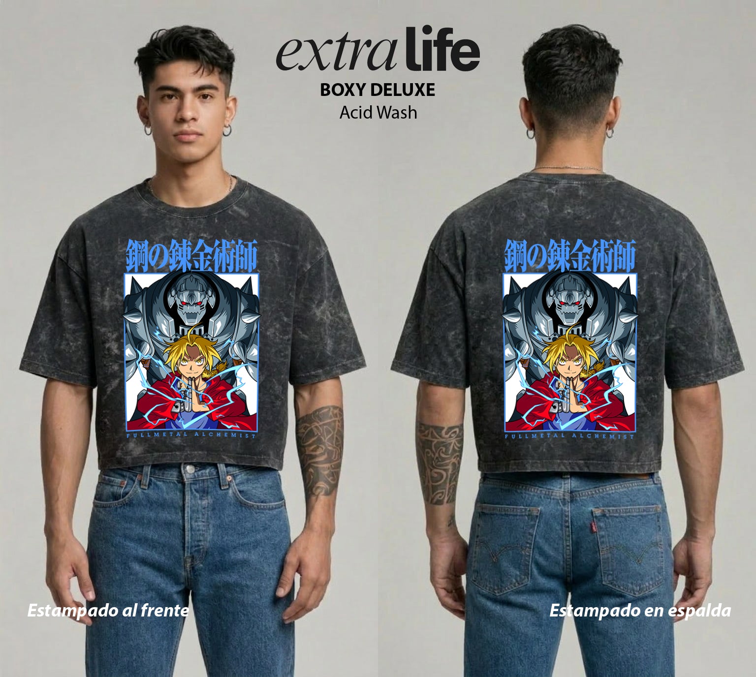 Playera streetwear premium de anime y gaming ExtraLife MX, corte boxy deluxe mineral wash heavyweight en color Acid Wash, moda urbana mexicana de culto.