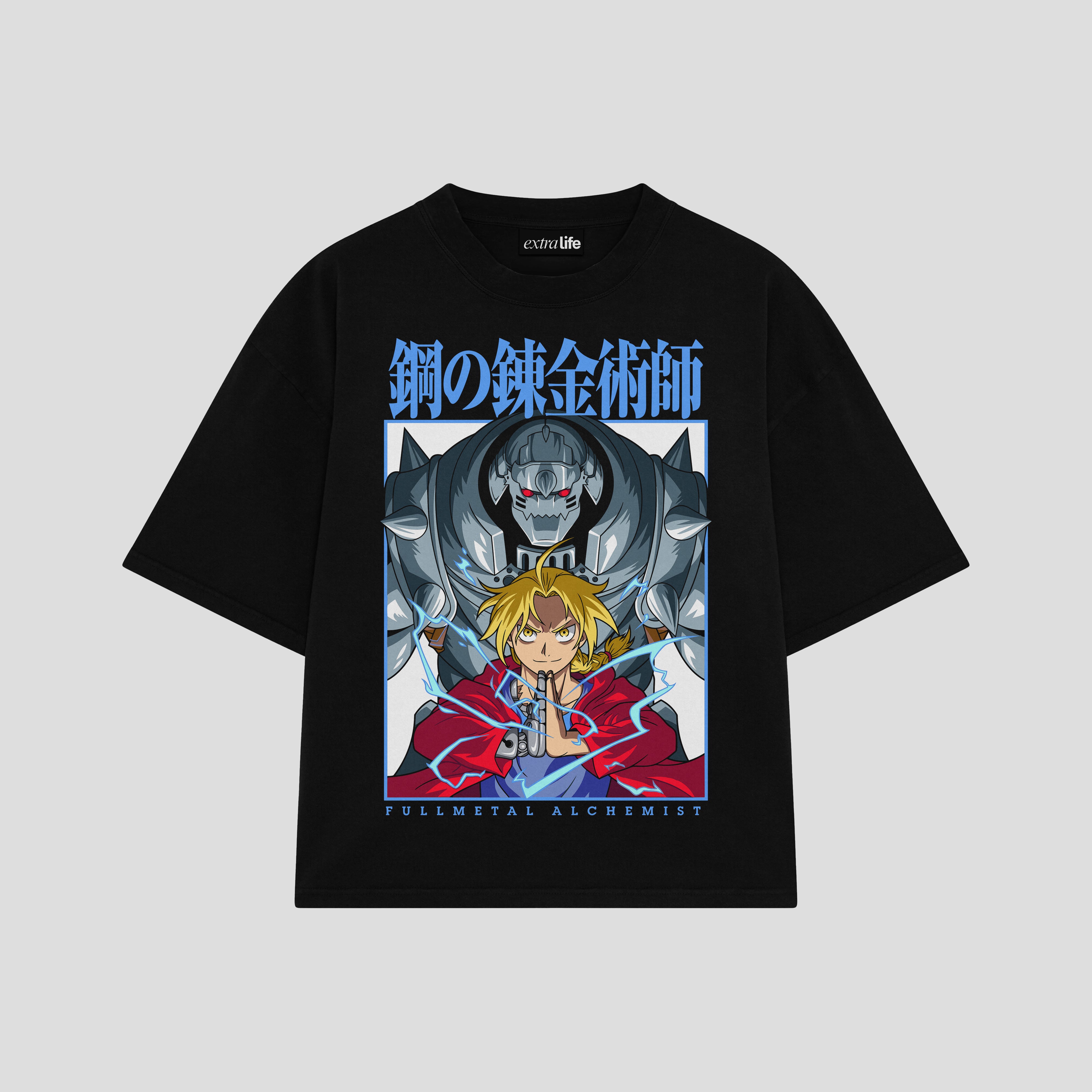 Playera streetwear premium de anime y gaming ExtraLife MX, corte boxy oversized drop shoulder heavyweight en color Deep Black y Off-White, moda urbana mexicana de culto.