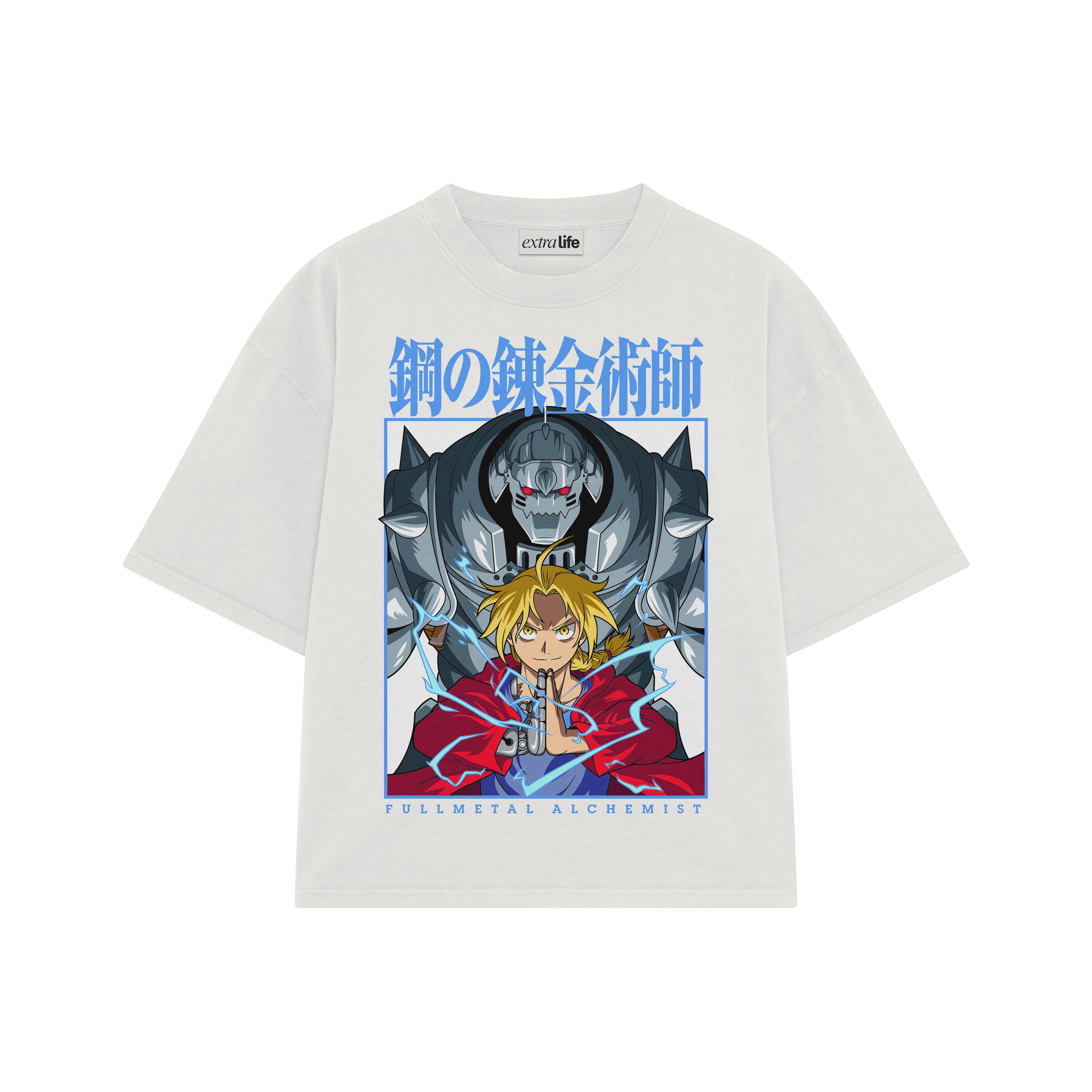 Playera streetwear premium de anime y gaming ExtraLife MX, corte boxy oversized drop shoulder heavyweight en color Deep Black y Off-White, moda urbana mexicana de culto.