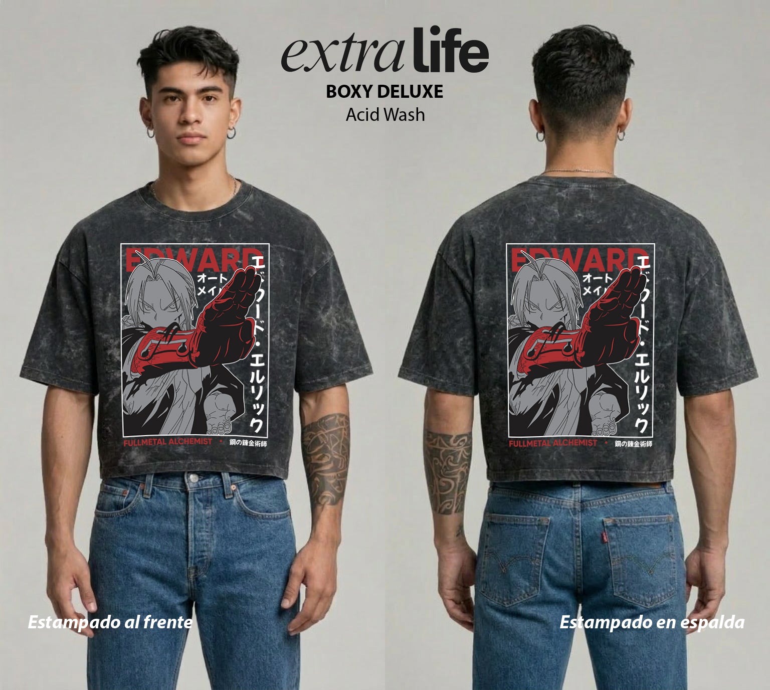 Playera streetwear premium de anime y gaming ExtraLife MX, corte boxy deluxe mineral wash heavyweight en color Acid Wash, moda urbana mexicana de culto.
