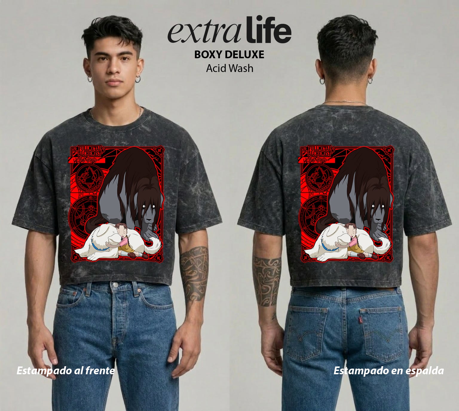 Playera streetwear premium de anime y gaming ExtraLife MX, corte boxy deluxe mineral wash heavyweight en color Acid Wash, moda urbana mexicana de culto.