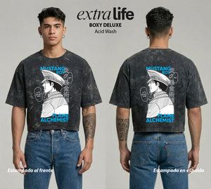 Playera streetwear premium de anime y gaming ExtraLife MX, corte boxy deluxe mineral wash heavyweight en color Acid Wash, moda urbana mexicana de culto.