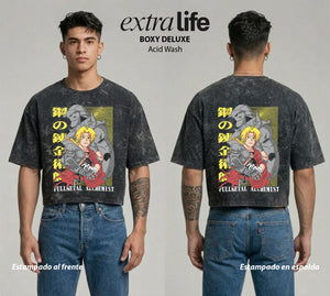 Playera streetwear premium de anime y gaming ExtraLife MX, corte boxy deluxe mineral wash heavyweight en color Acid Wash, moda urbana mexicana de culto.