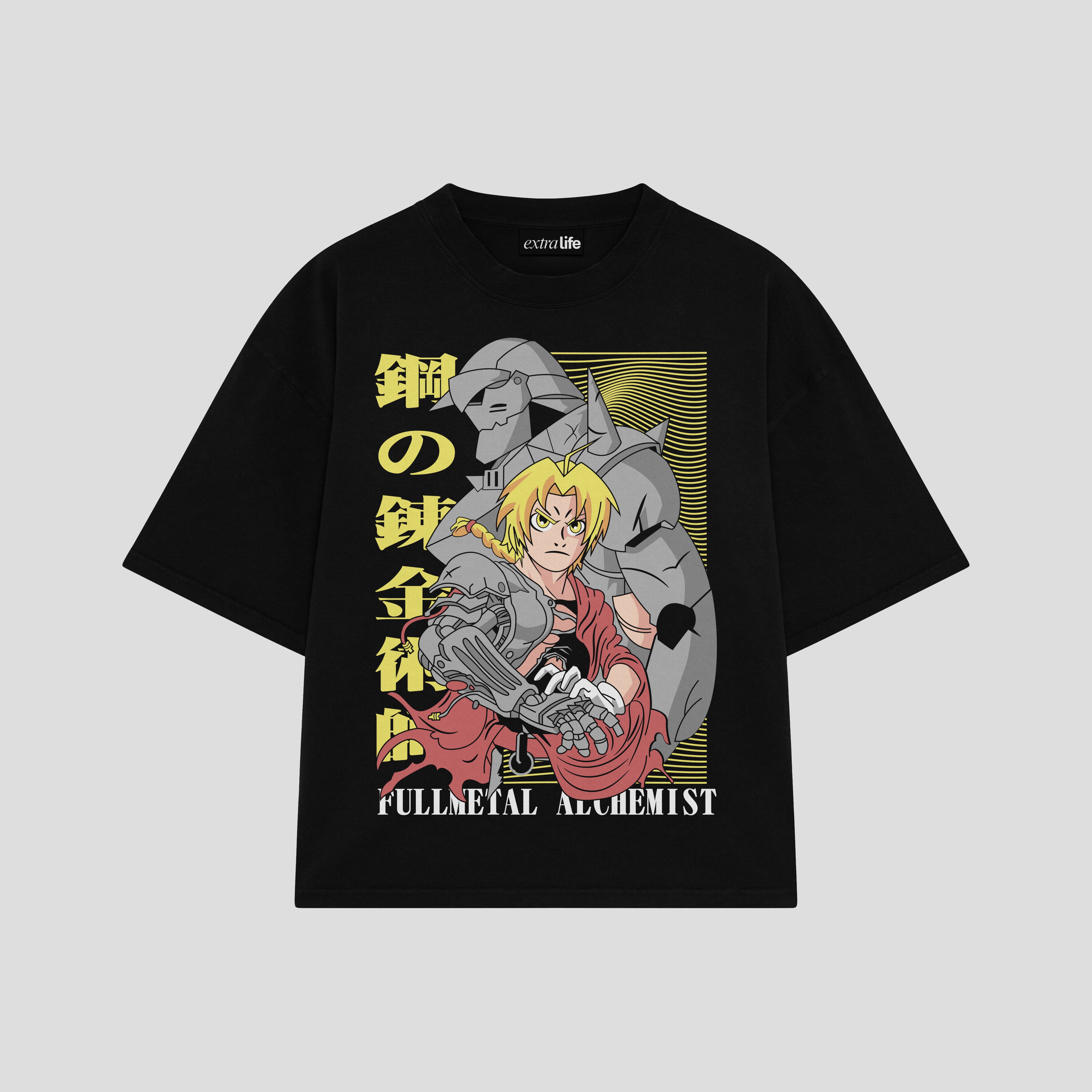 Playera streetwear premium de anime y gaming ExtraLife MX, corte boxy oversized drop shoulder heavyweight en color Deep Black y Off-White, moda urbana mexicana de culto.