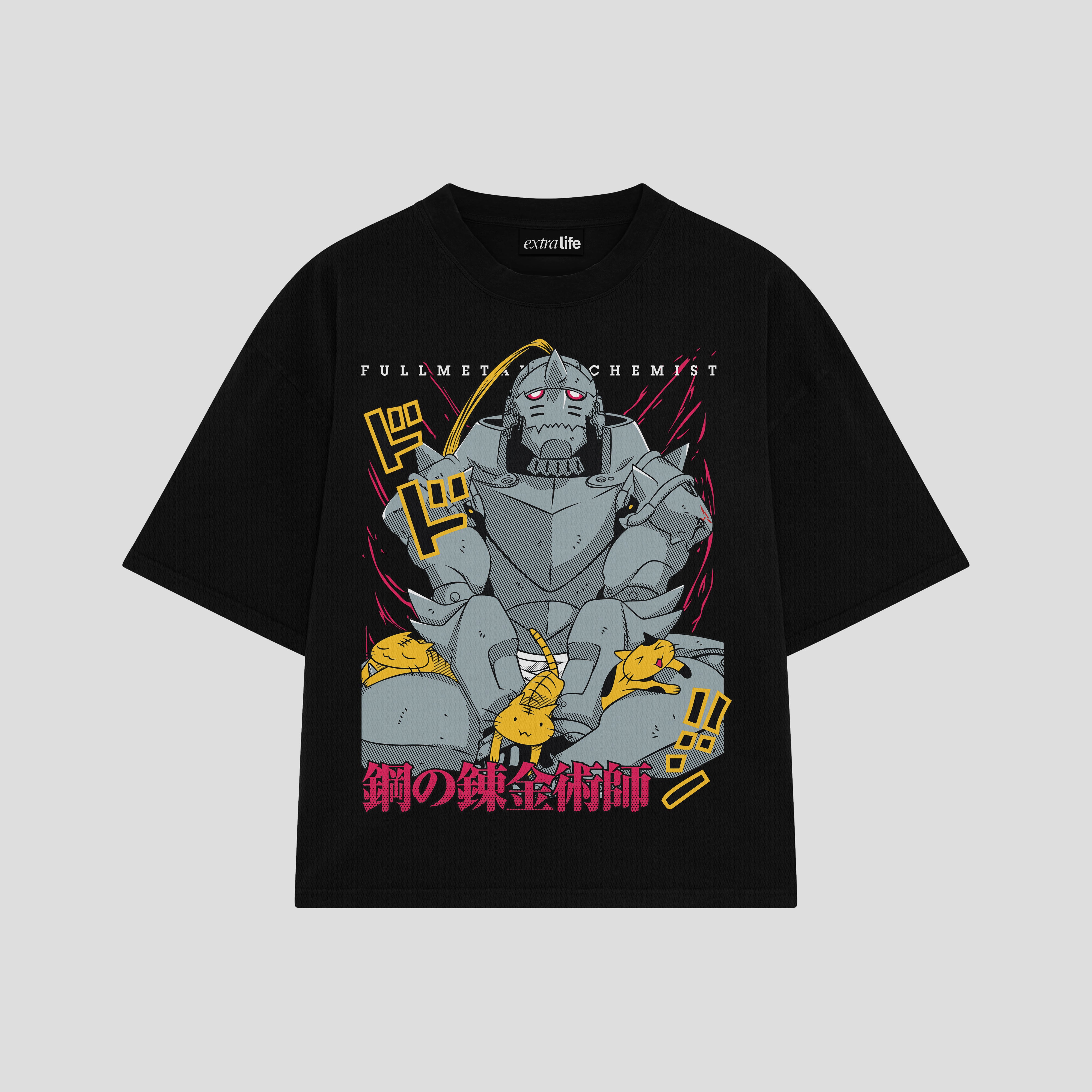 Playera streetwear premium de anime y gaming ExtraLife MX, corte boxy oversized drop shoulder heavyweight en color Deep Black y Off-White, moda urbana mexicana de culto.