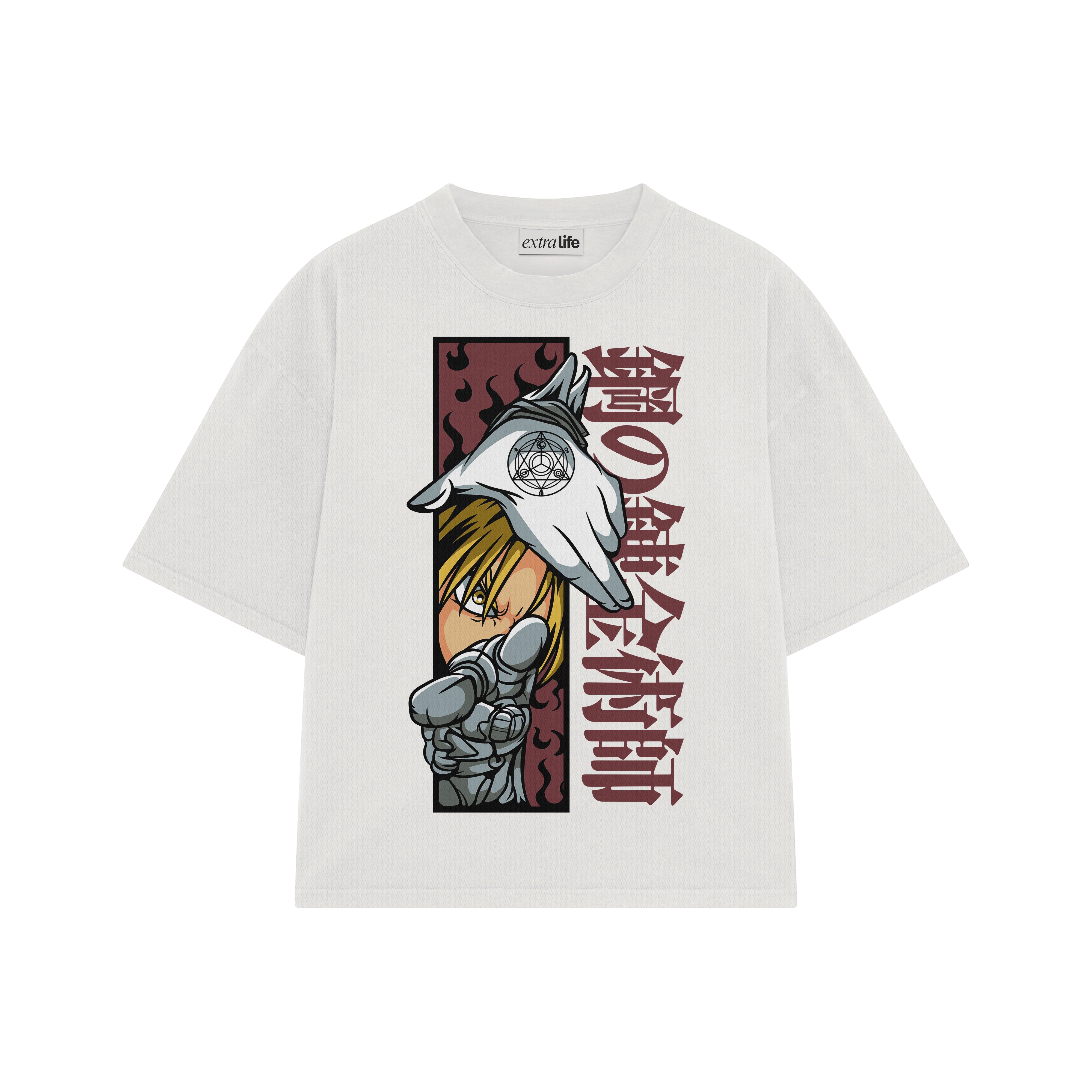 Playera streetwear premium de anime y gaming ExtraLife MX, corte boxy oversized drop shoulder heavyweight en color Deep Black y Off-White, moda urbana mexicana de culto.