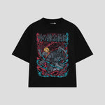 Playera streetwear premium de anime y gaming ExtraLife MX, corte boxy oversized drop shoulder heavyweight en color Deep Black y Off-White, moda urbana mexicana de culto.