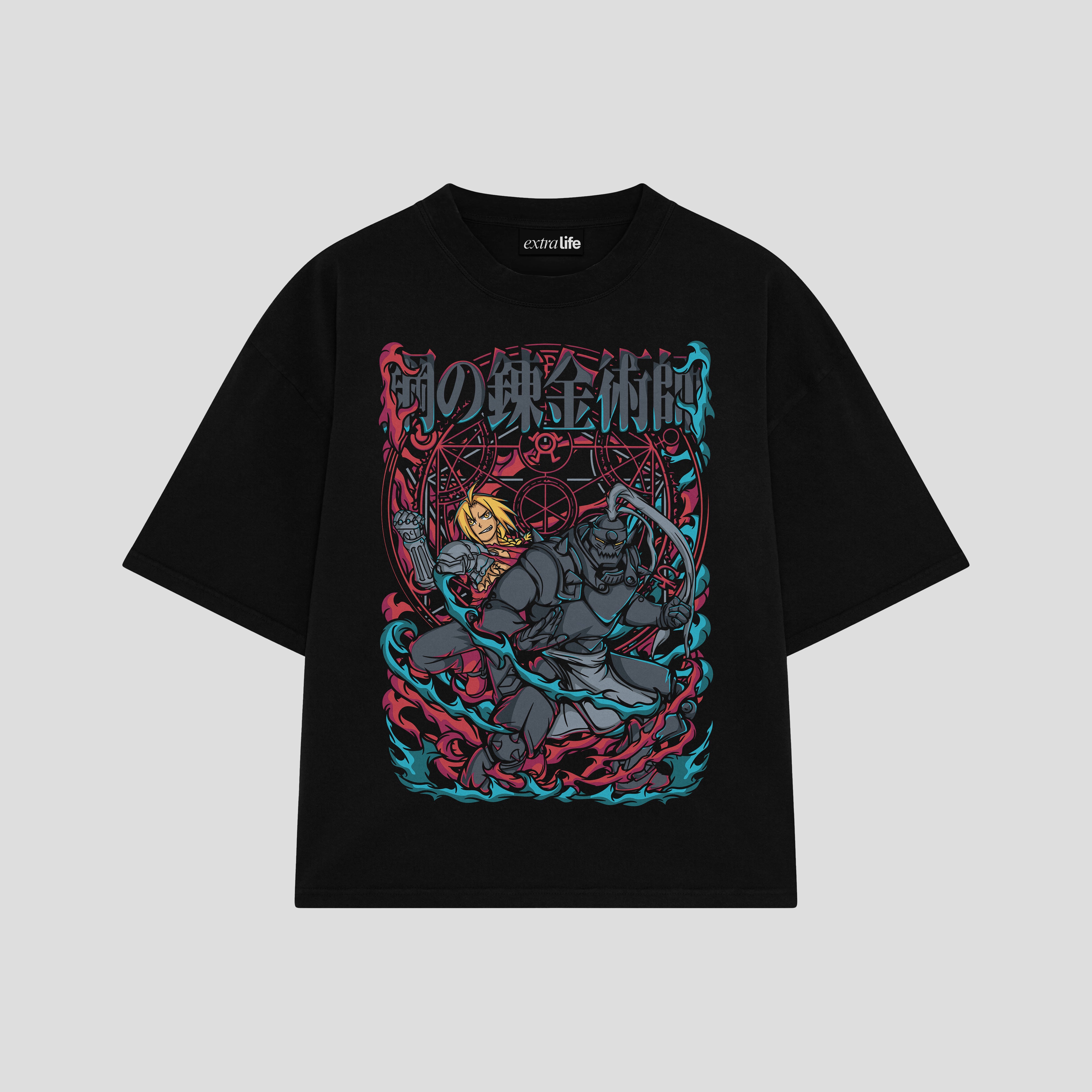 Playera streetwear premium de anime y gaming ExtraLife MX, corte boxy oversized drop shoulder heavyweight en color Deep Black y Off-White, moda urbana mexicana de culto.